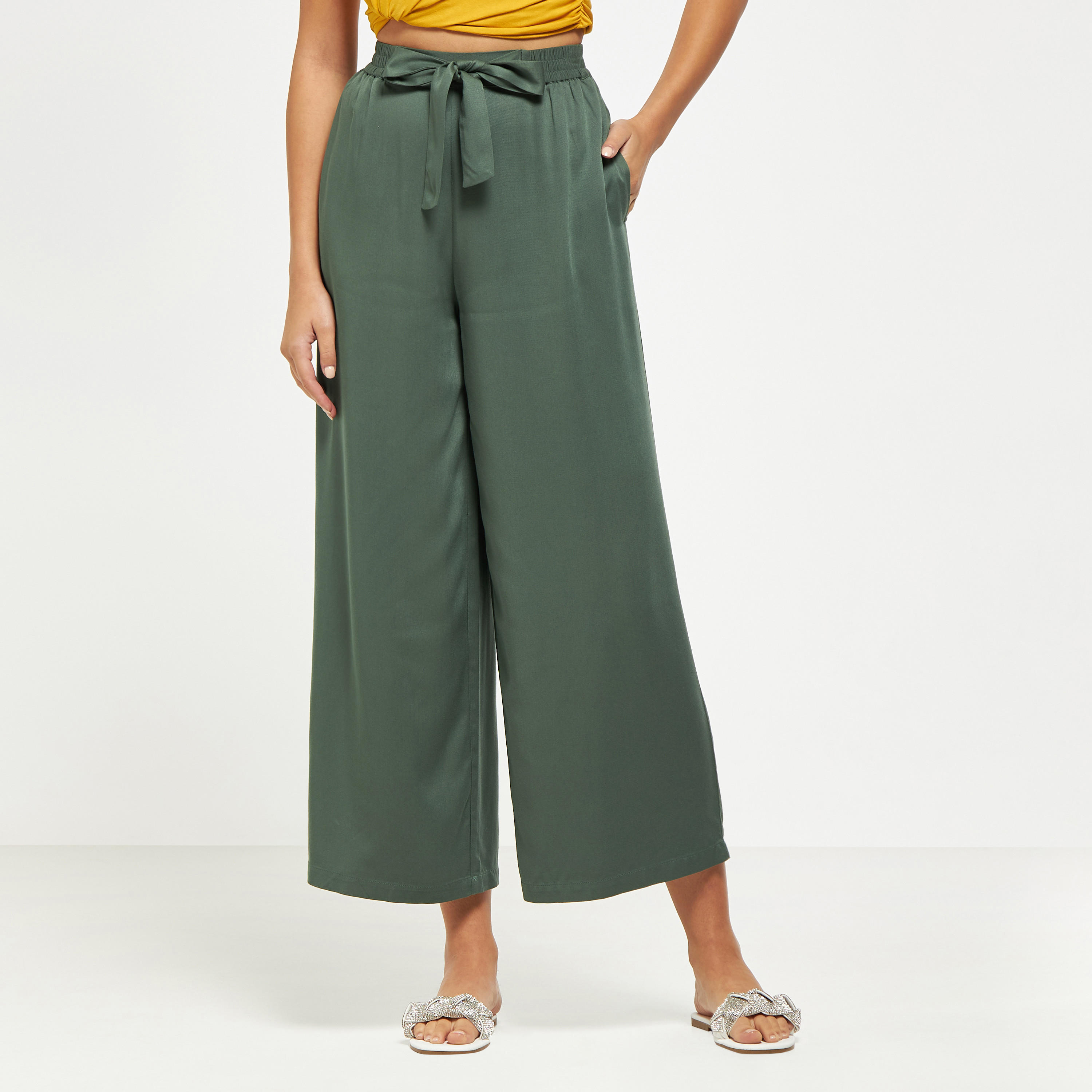 بنطلون بالازو سادة بأربطة وجيوب-women-clothing-trousers-image-1