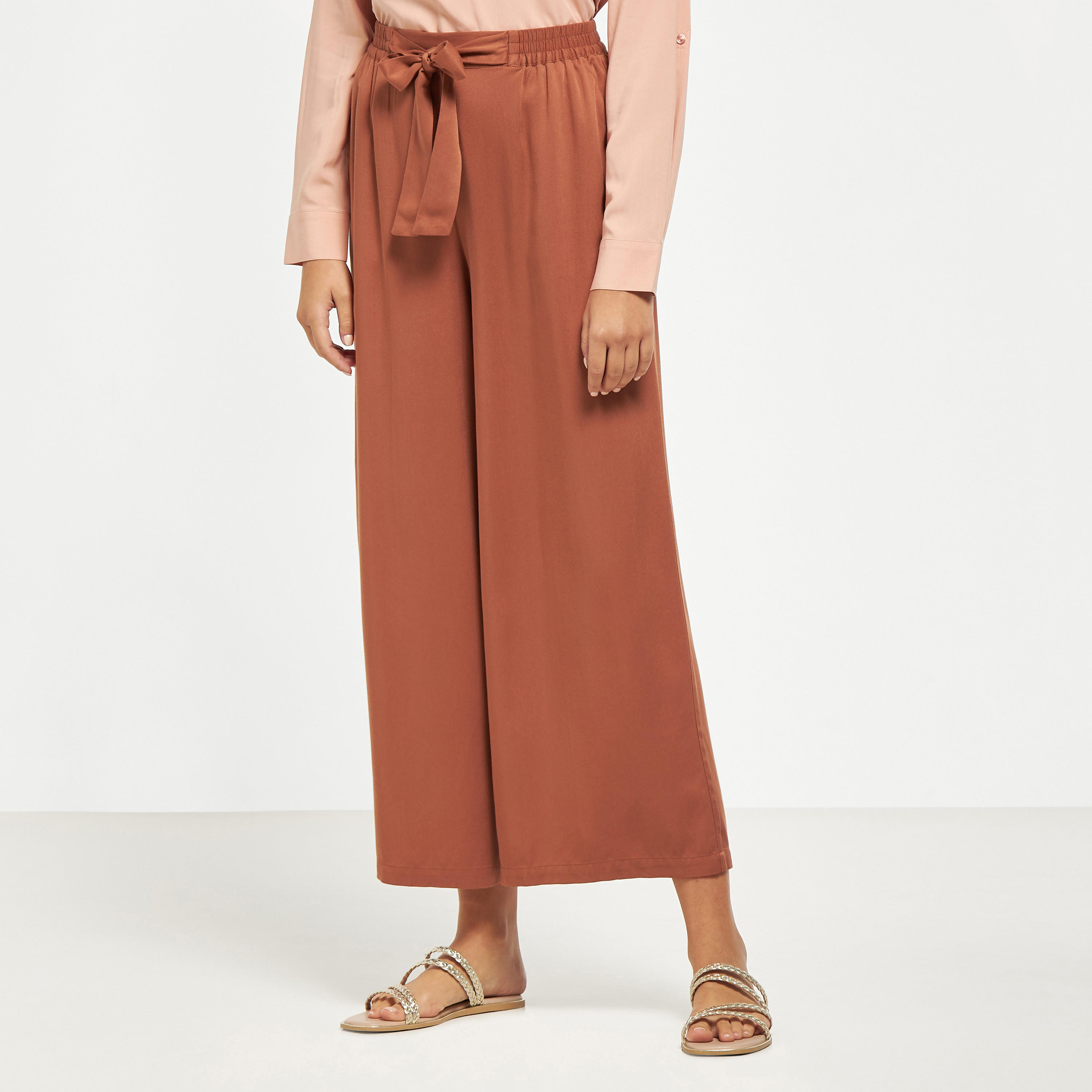 بنطلون بالازو سادة بأربطة وجيوب-women-clothing-trousers-image-5