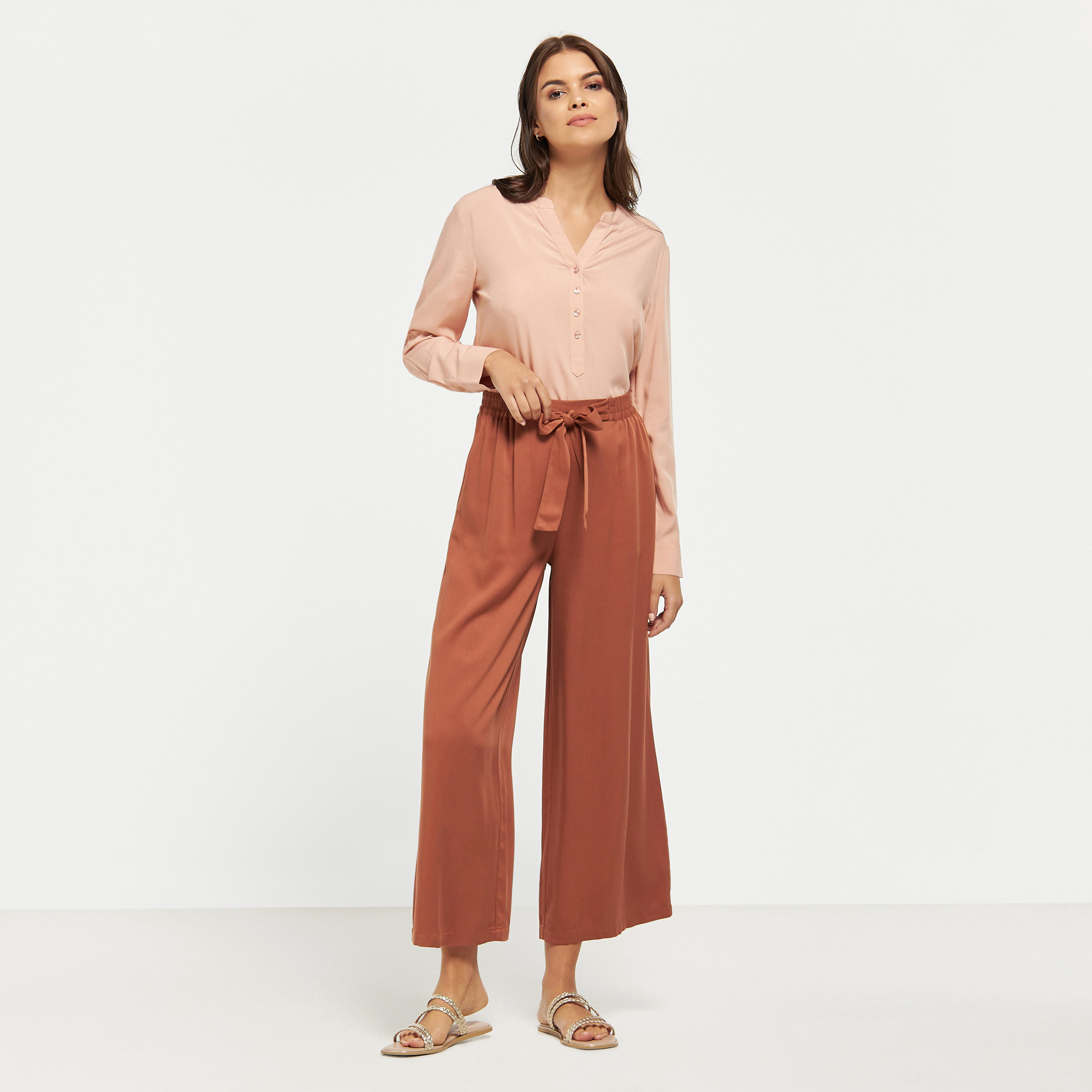 بنطلون بالازو سادة بأربطة وجيوب-women-clothing-trousers-image-6