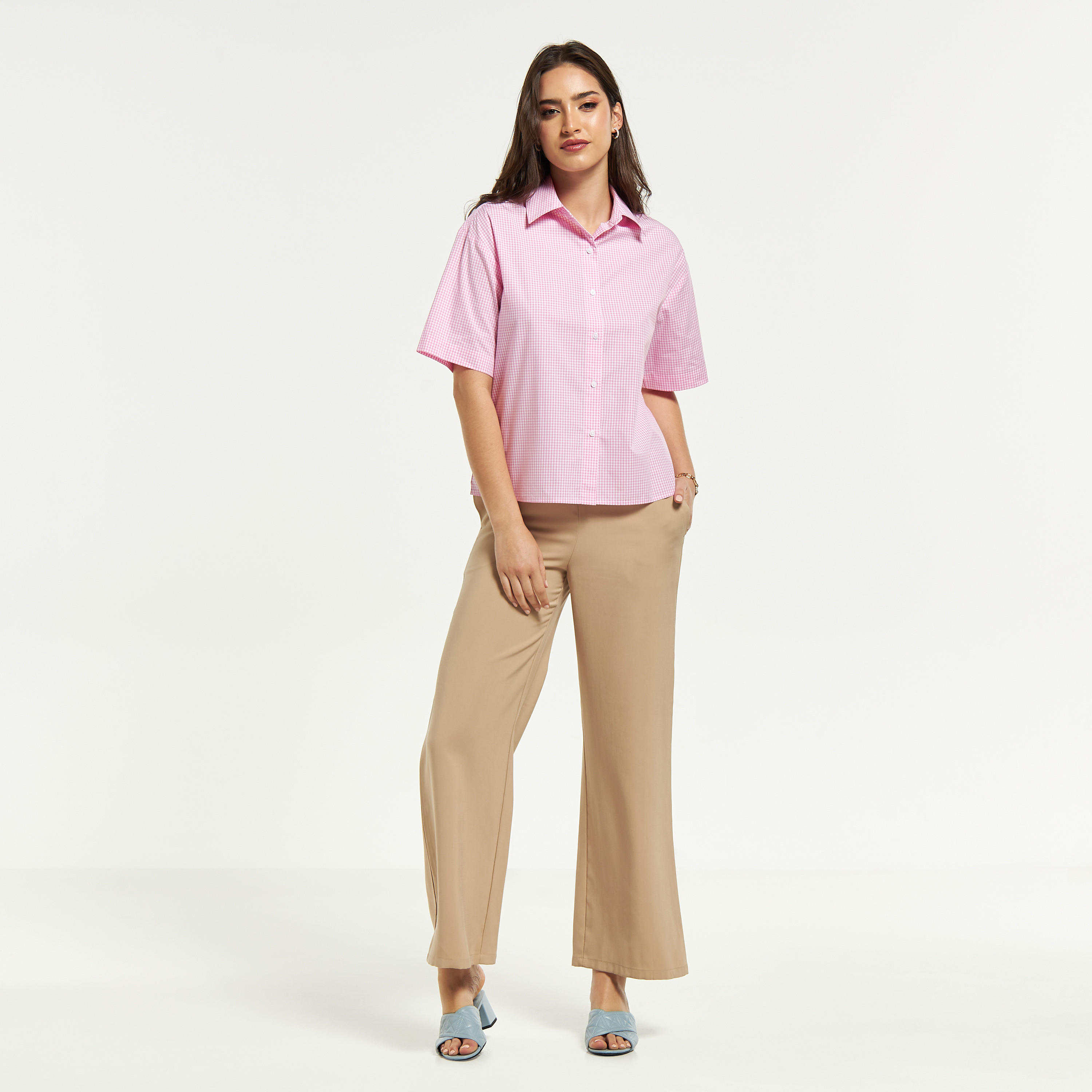 Checked Button Up Shirt with Short Sleeves-women-clothing-shirtsandblouses-shirts-image-6