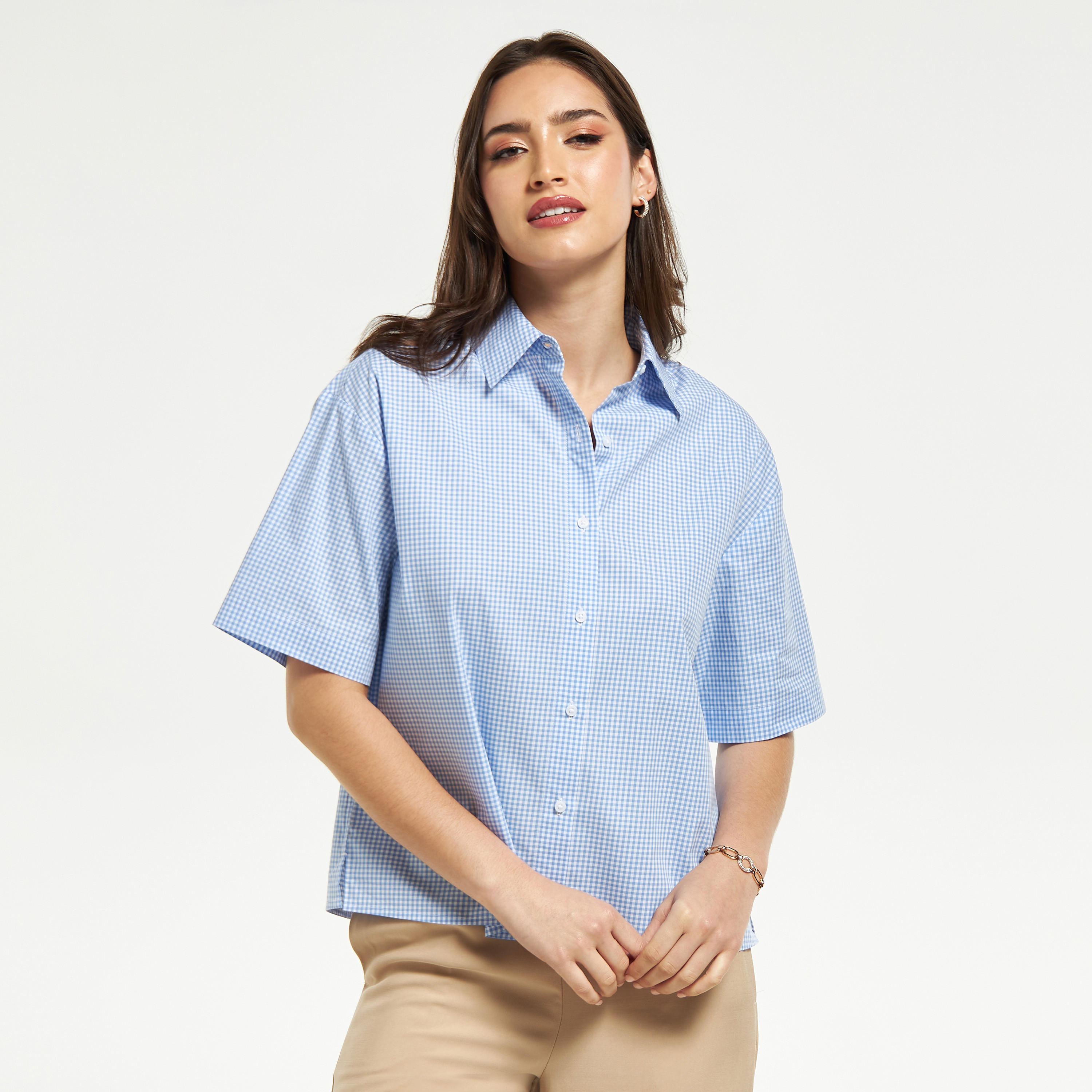 Checked Button Up Shirt with Short Sleeves-women-clothing-shirtsandblouses-shirts-image-1