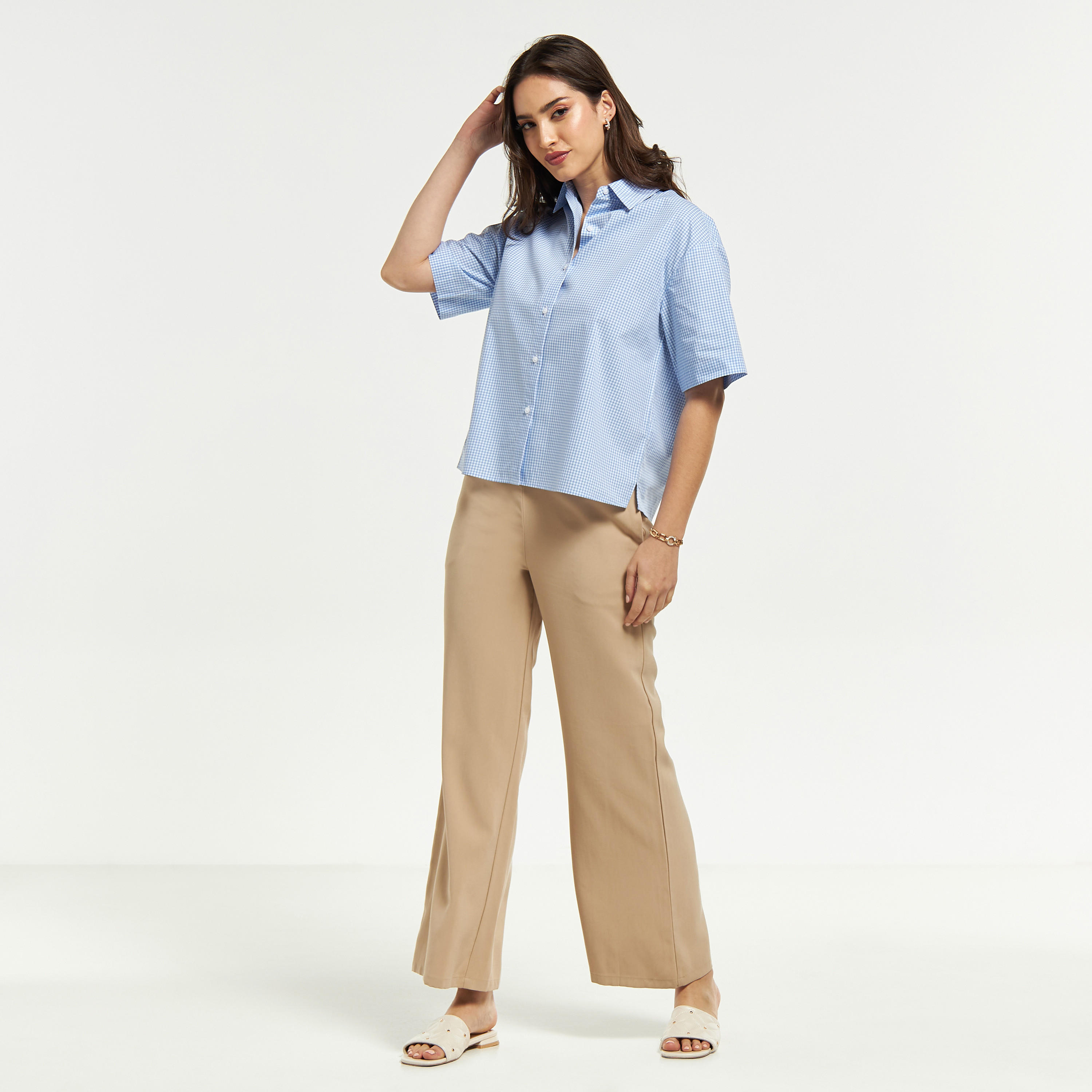 Checked Button Up Shirt with Short Sleeves-women-clothing-shirtsandblouses-shirts-image-2
