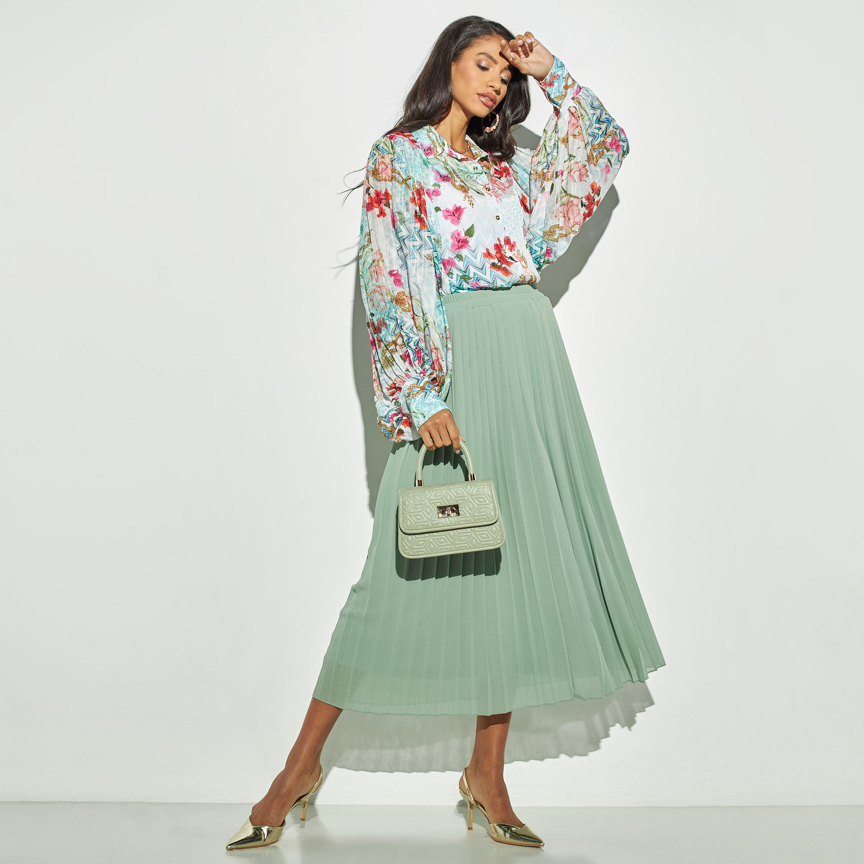 تنورة إيه لاين بخصر مطاطي وثنيات-women-clothing-bottoms-skirts-image-2
