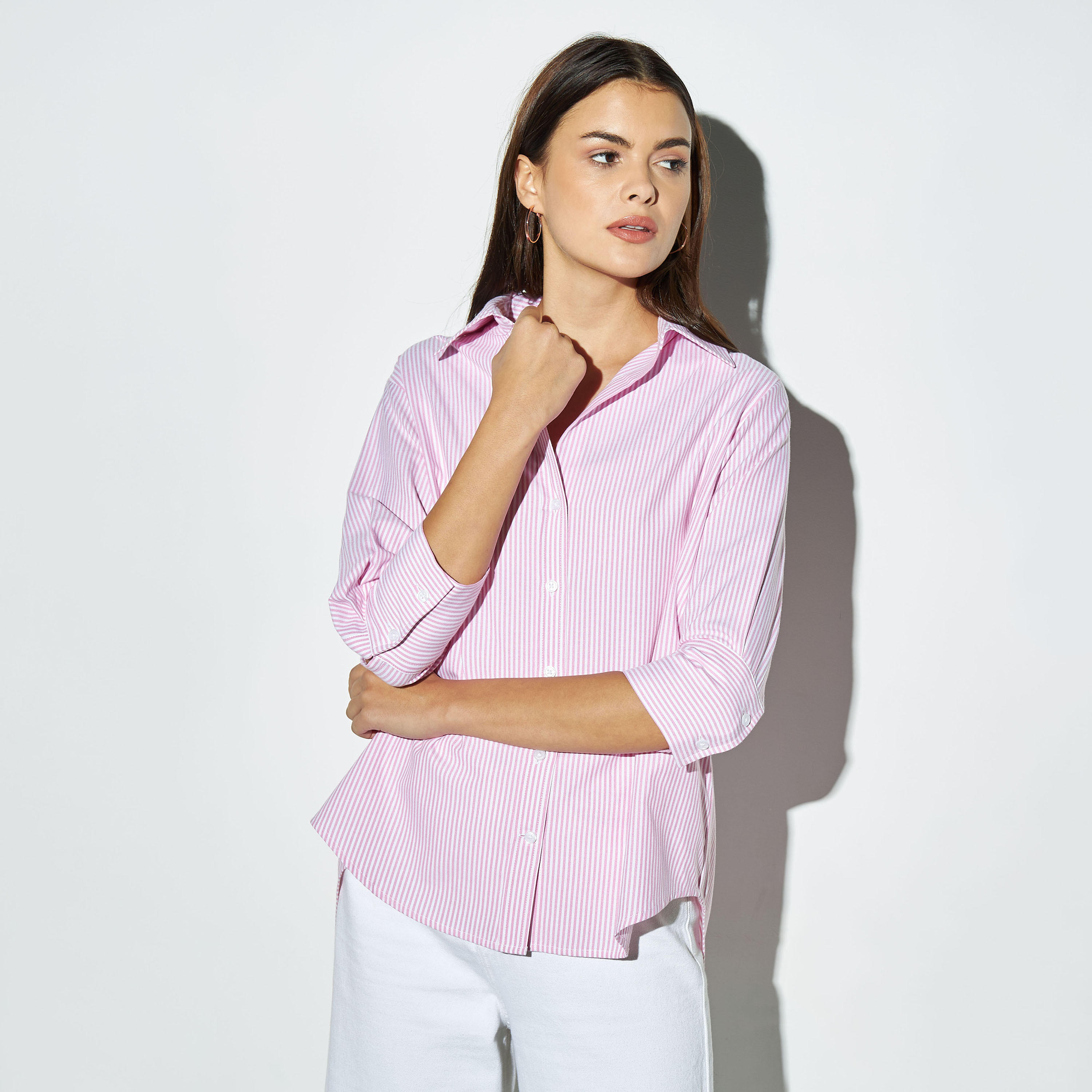 قميص أكسفورد مخطط بأكمام 3/4-women-clothing-shirtsandblouses-shirts-image-1