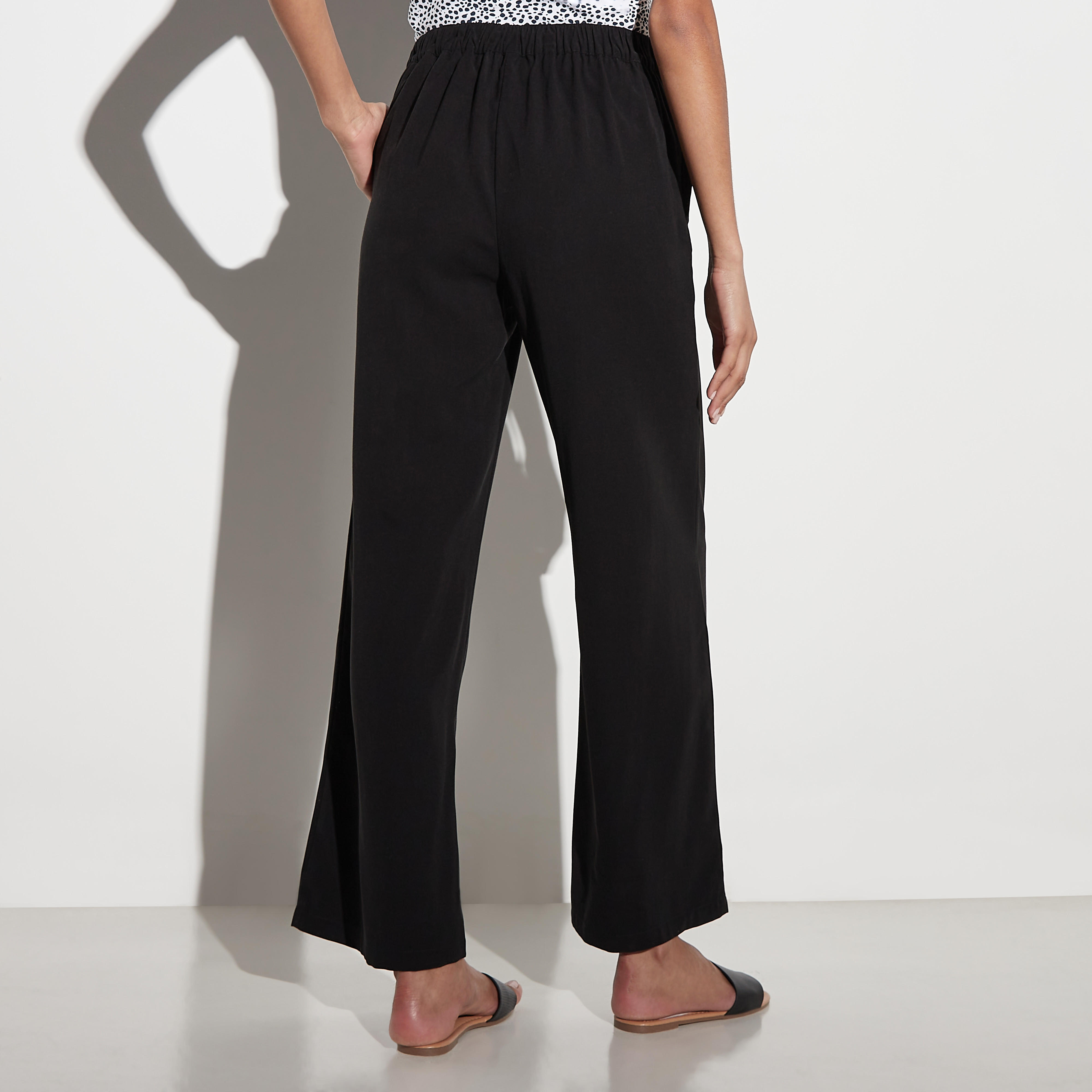 بنطلون واسع الساقين سادة بخصر مطاطي وجيوب-women-clothing-bottoms-trousers-image-3