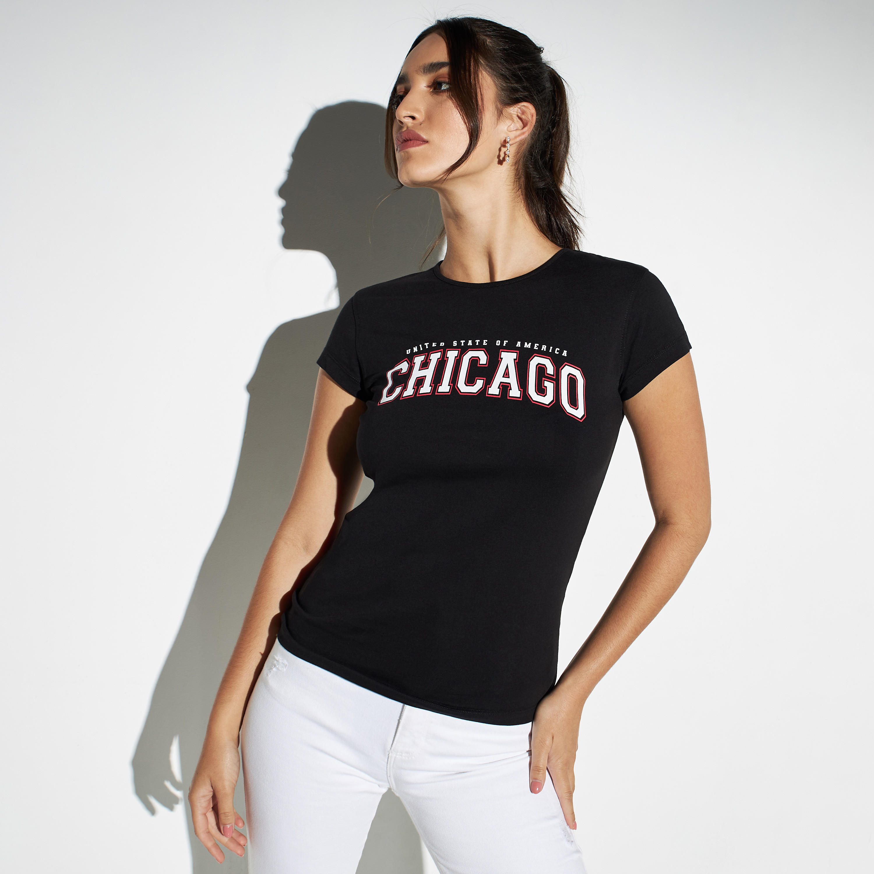 Typographic Print T-shirt with Cap Sleeves-women-clothing-tshirts-image-1