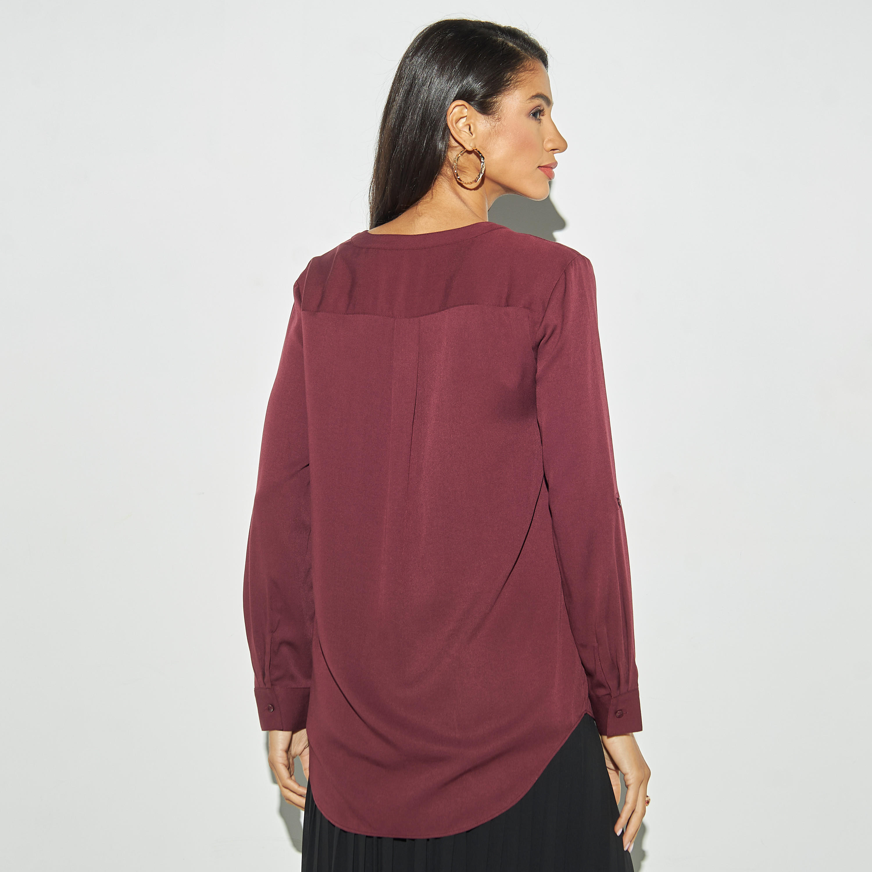 بلوزة بياقة شريطة وأكمام مثنية لأعلى-women-clothing-shirtsandblouses-blouses-image-2