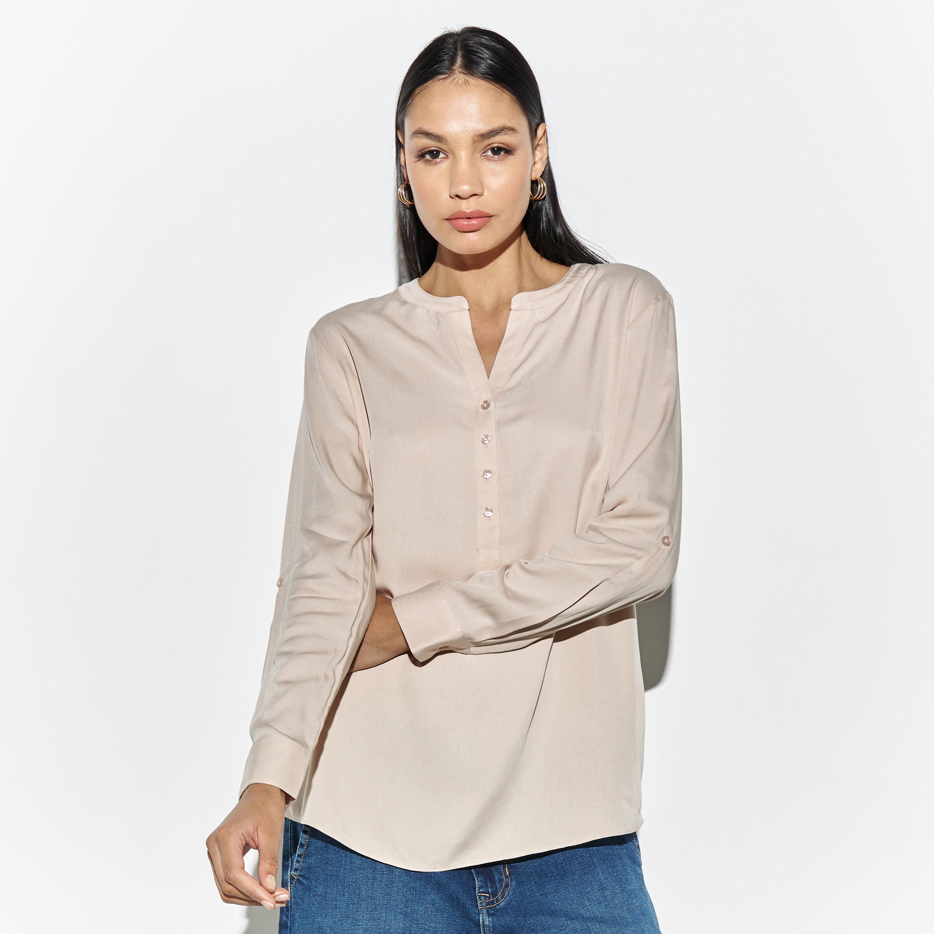 بلوزة بياقة عادية وأكمام ملفوفة-women-clothing-shirtsandblouses-blouses-image-4