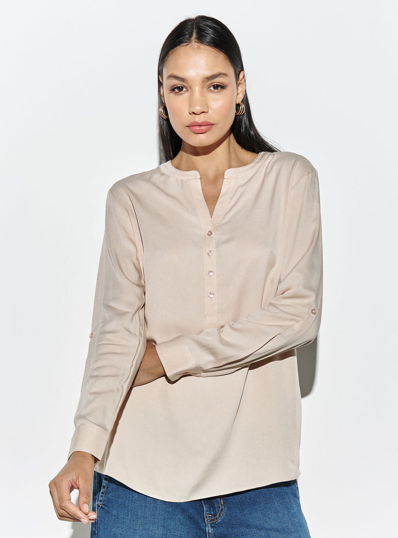 بلوزة بياقة عادية وأكمام ملفوفة-women-clothing-shirtsandblouses-blouses-image-4