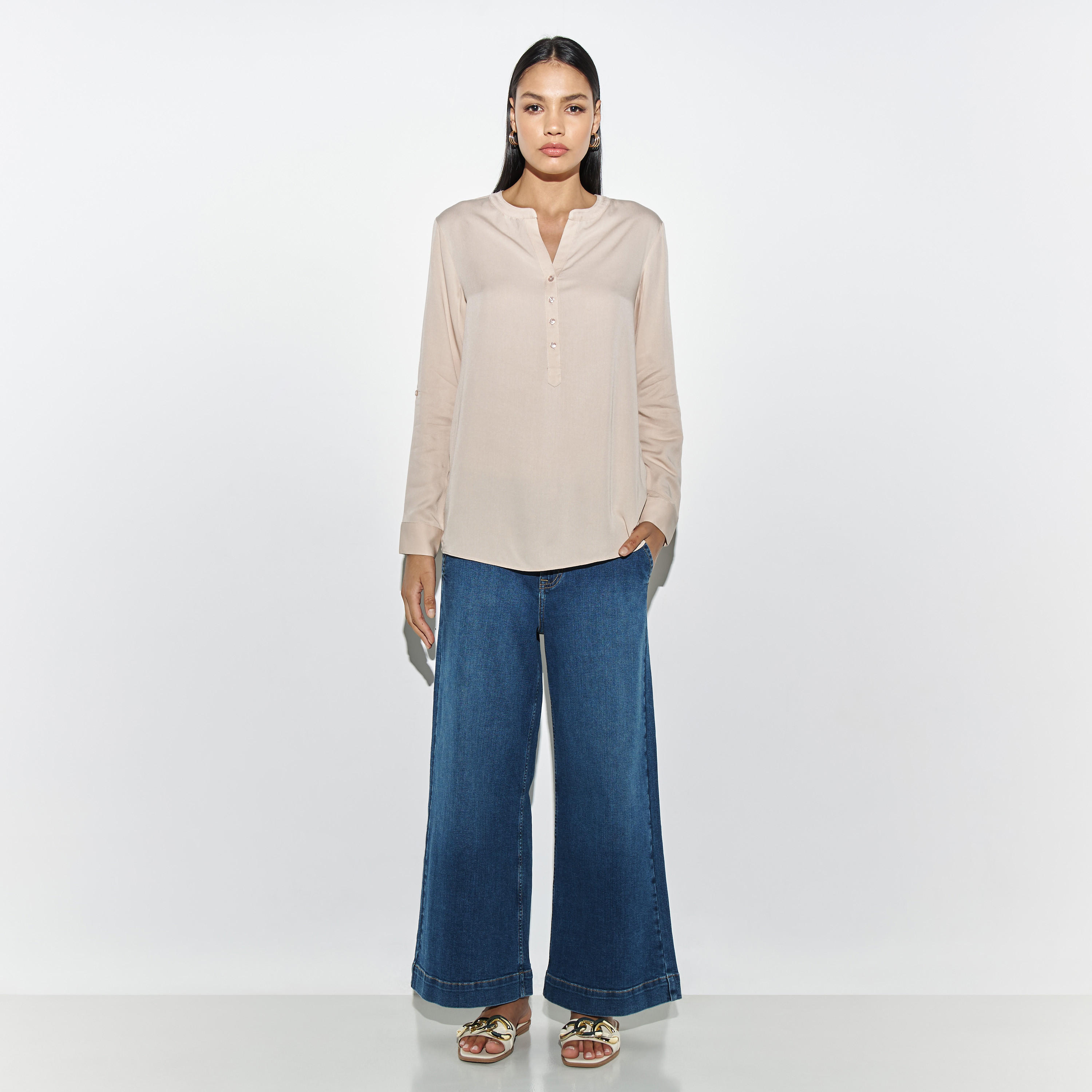 بلوزة بياقة عادية وأكمام ملفوفة-women-clothing-shirtsandblouses-blouses-image-3