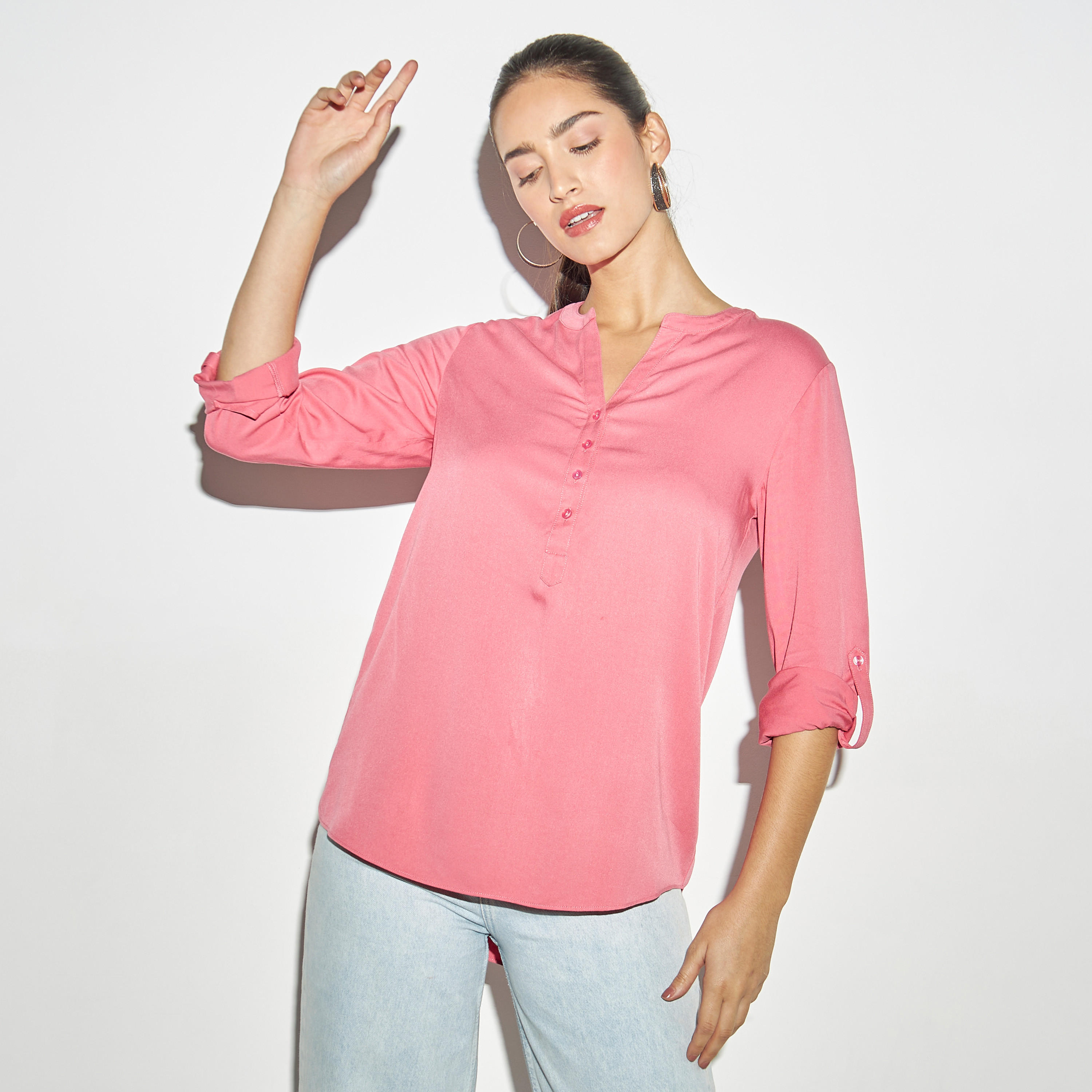 Top with Split Neck and Long Sleeves-women-clothing-shirtsandblouses-blouses-image-1