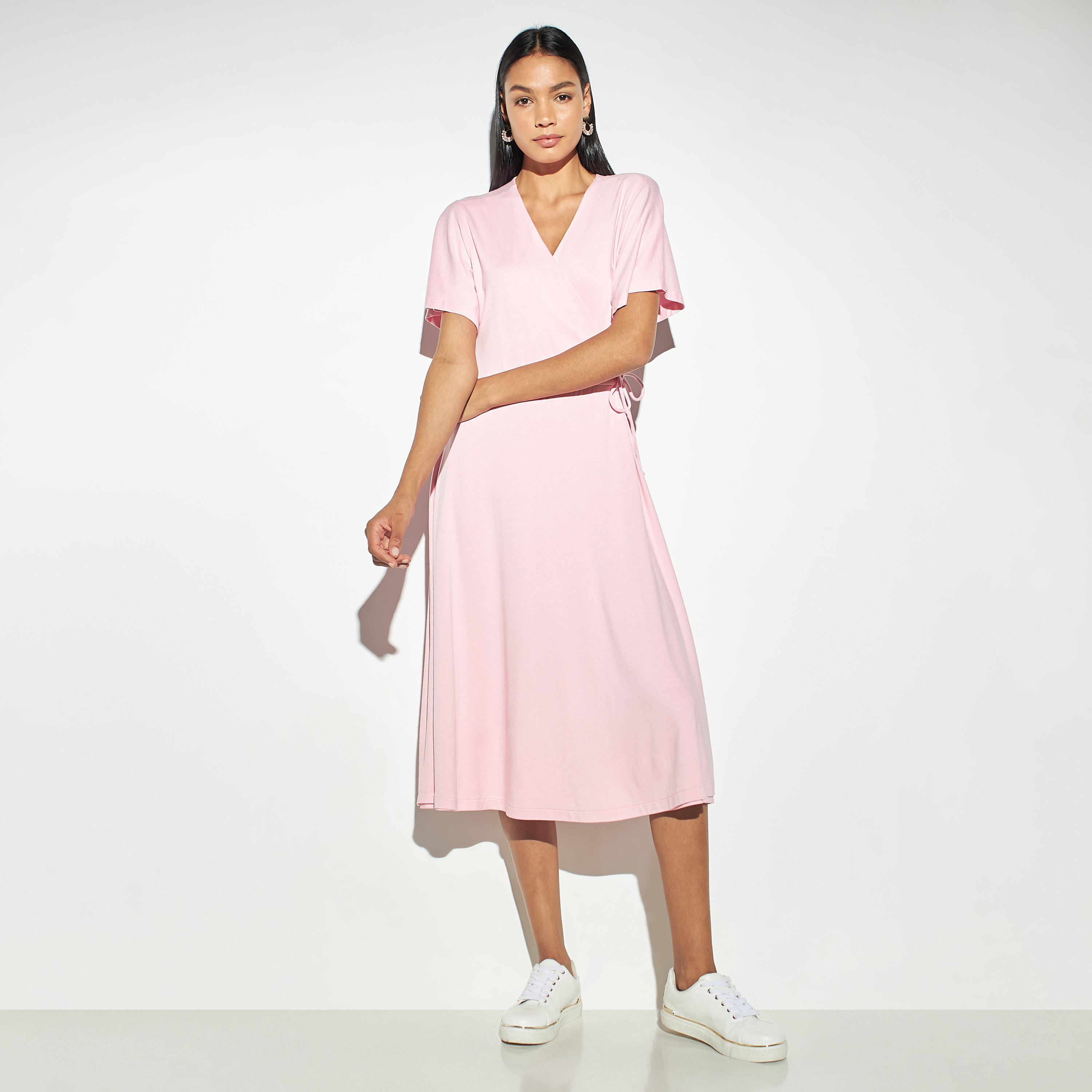 فستان ملفوف سادة بأكمام قصيرة وأربطة-women-clothing-dresses-image-4