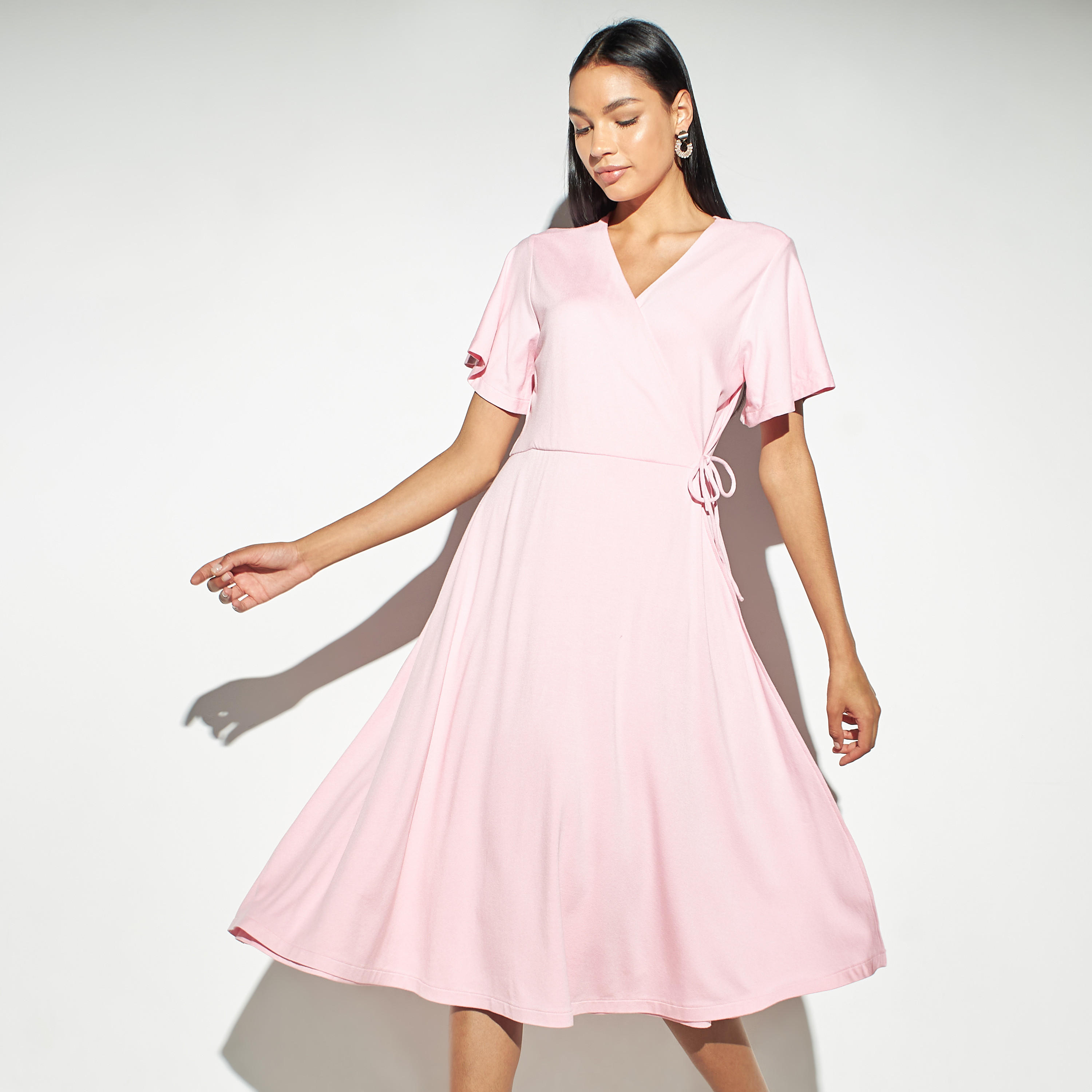 فستان ملفوف سادة بأكمام قصيرة وأربطة-women-clothing-dresses-image-3