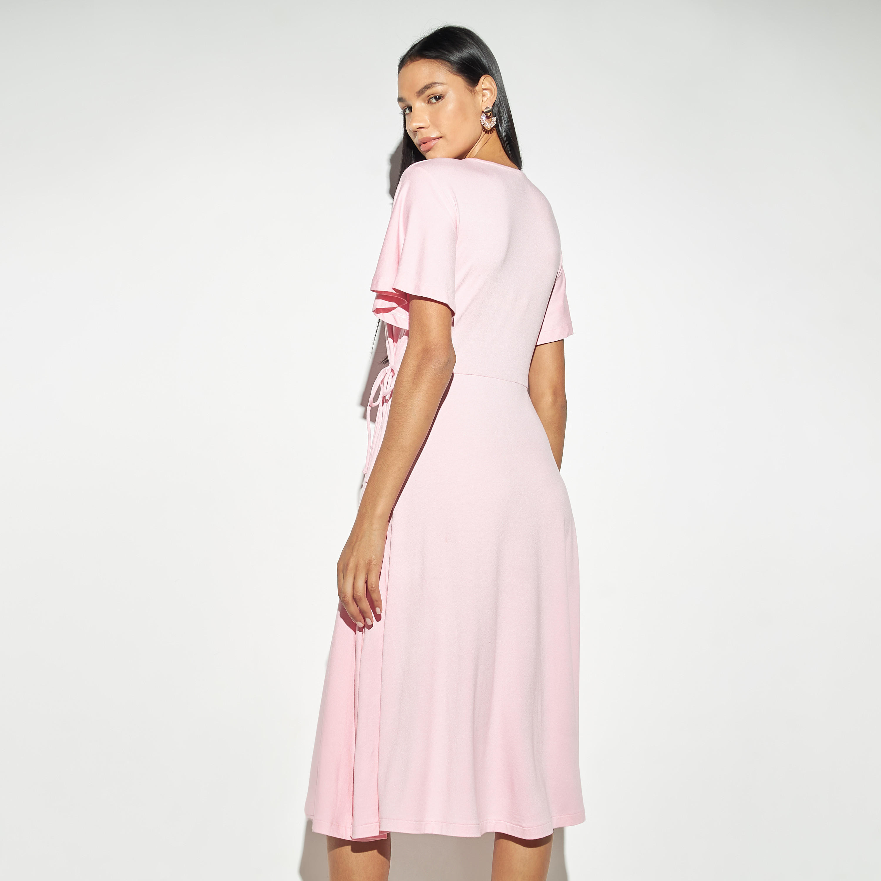 فستان ملفوف سادة بأكمام قصيرة وأربطة-women-clothing-dresses-image-2