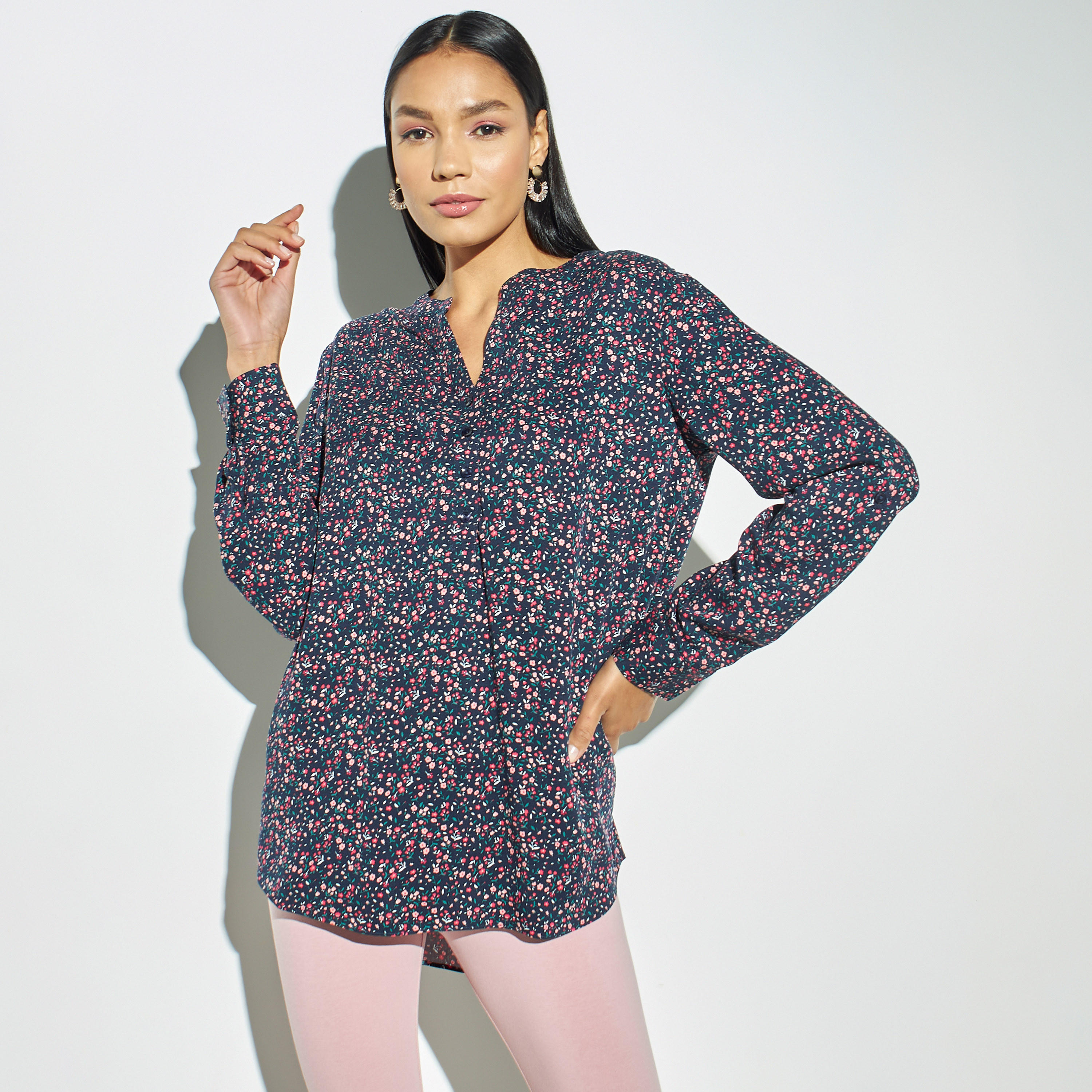 All-Over Floral Print High Low Top with Long Sleeves-women-clothing-shirtsandblouses-blouses-image-1
