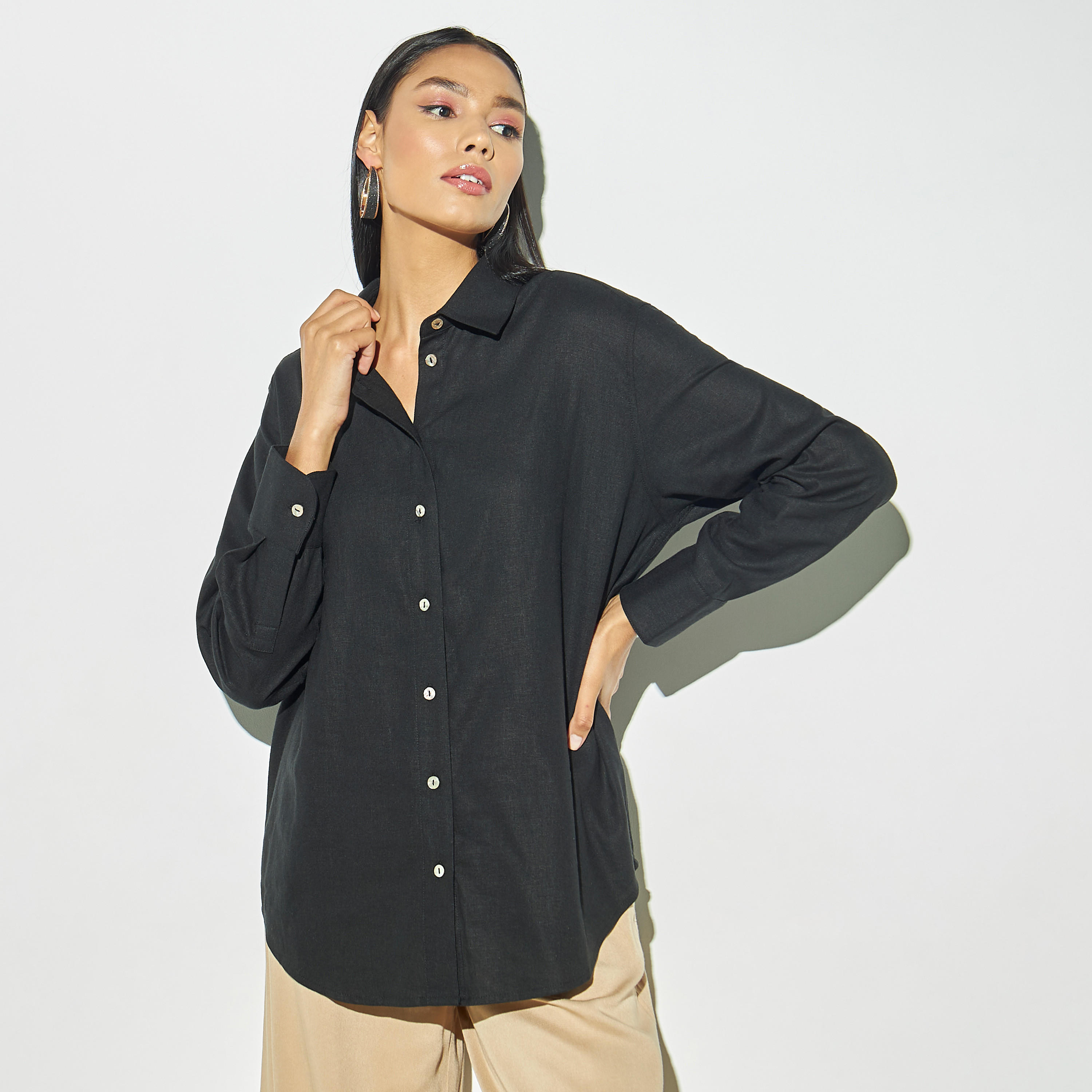 قميص كتان سادة بأكمام طويلة-women-clothing-shirtsandblouses-shirts-image-4