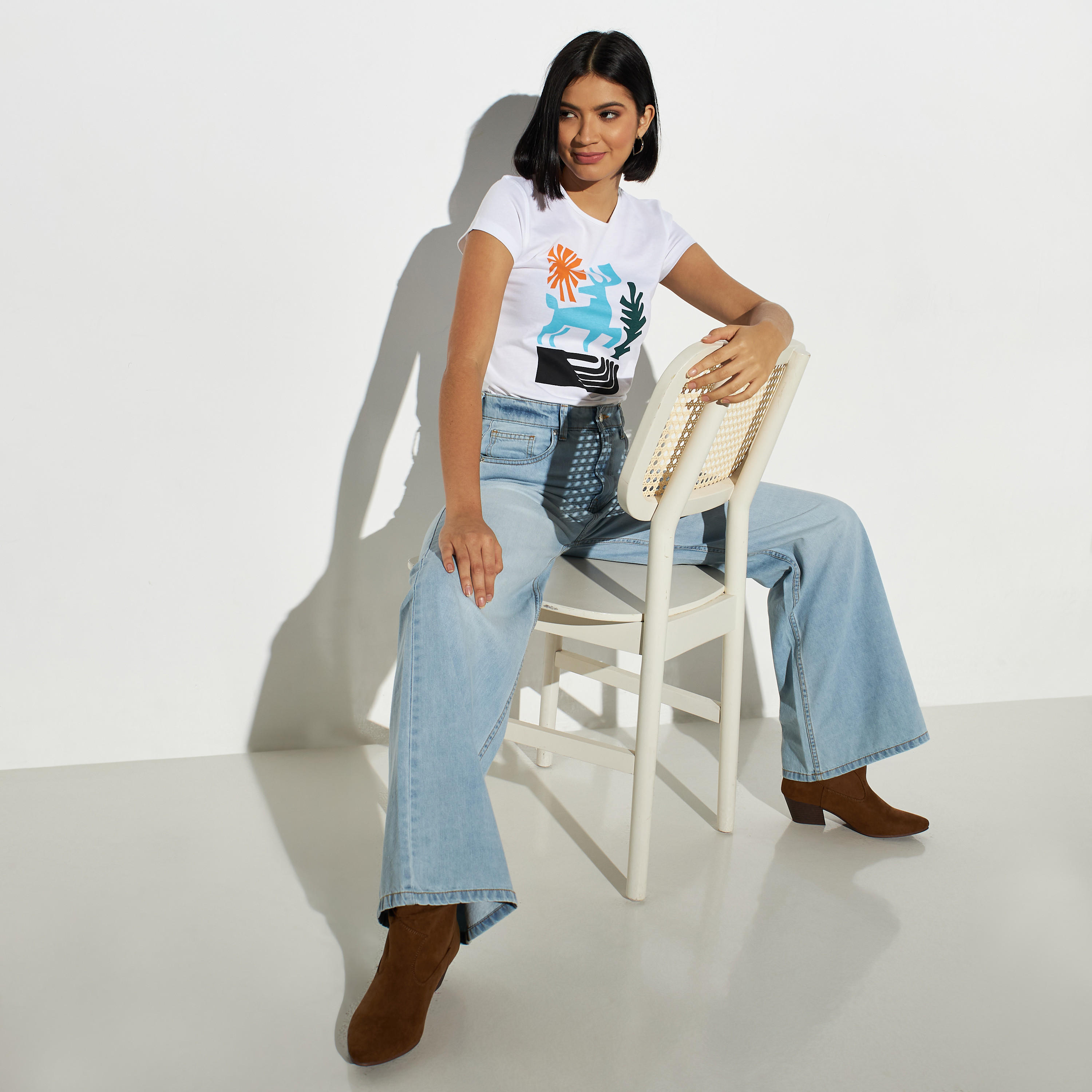 Graphic Print Crew Neck T-shirt with Cap Sleeves-women-clothing-tshirts-image-2