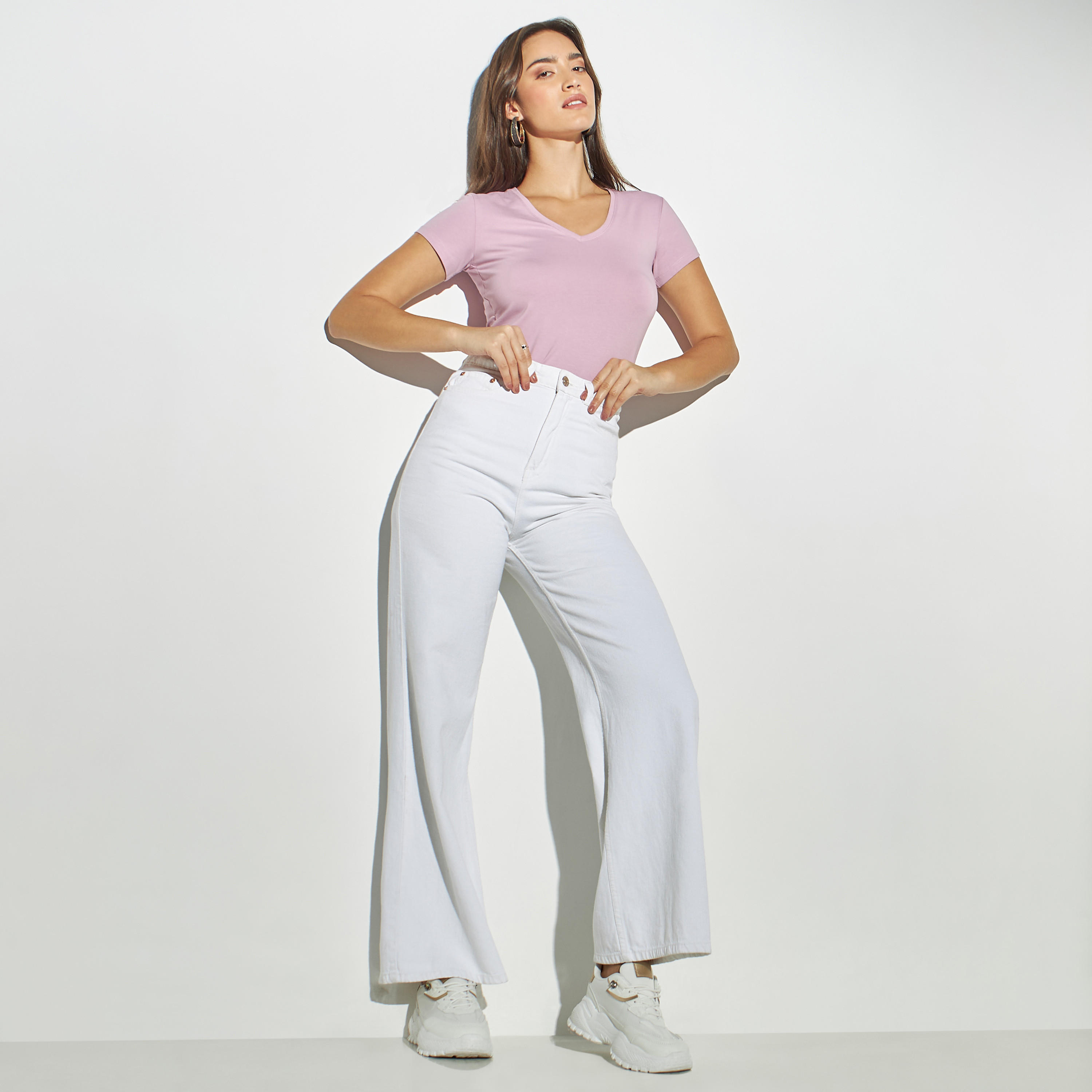 Solid V-neck T-shirt with Short Sleeves-women-clothing-tshirts-image-2