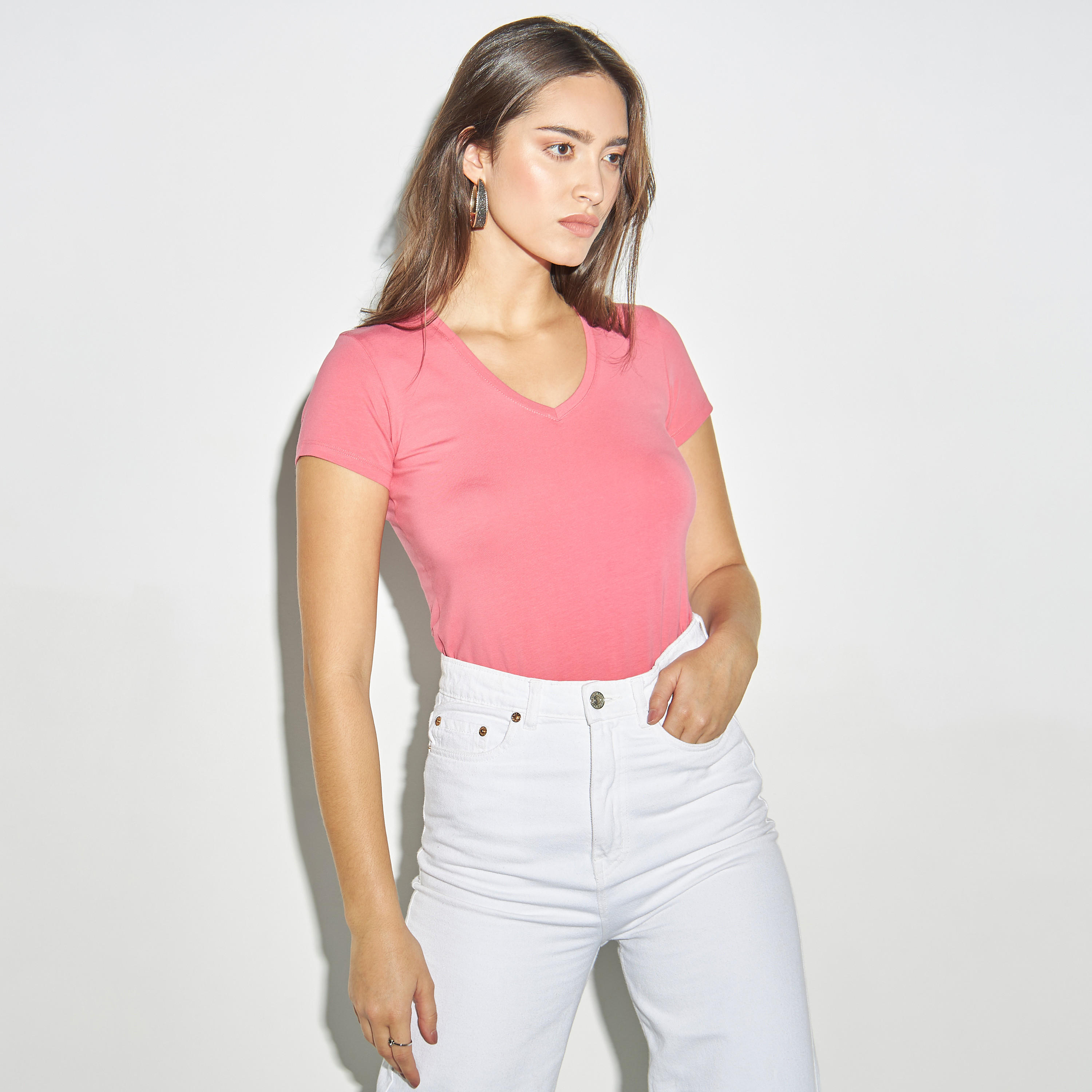 Solid V-neck T-shirt with Short Sleeves-women-clothing-tshirts-image-1