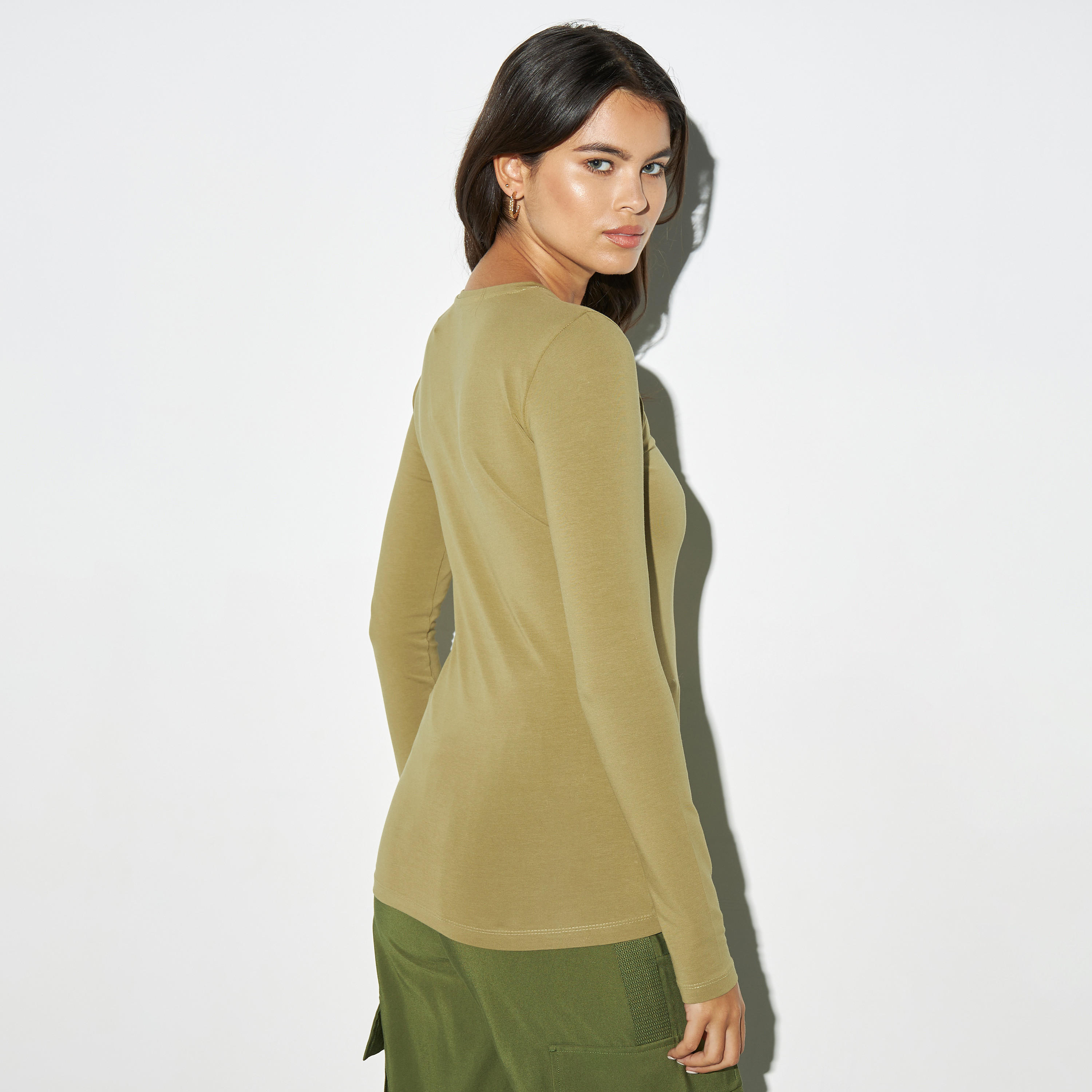 Solid Crew Neck T-shirt with Long Sleeves-women-clothing-tshirts-image-3