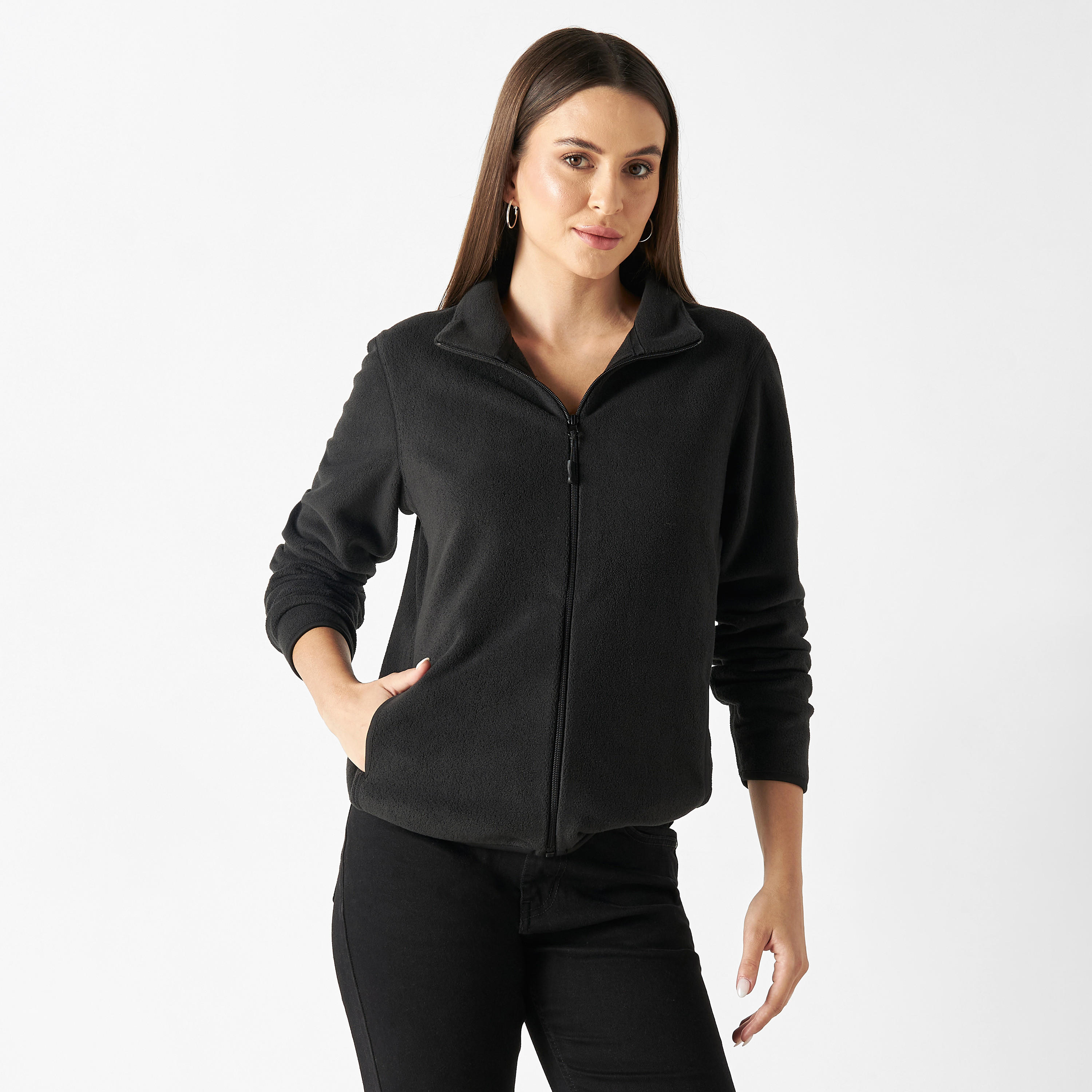 Textured Zip Through Jacket with High Neck and Pockets-women-winterwear-coatsandjackets-jackets-image-1
