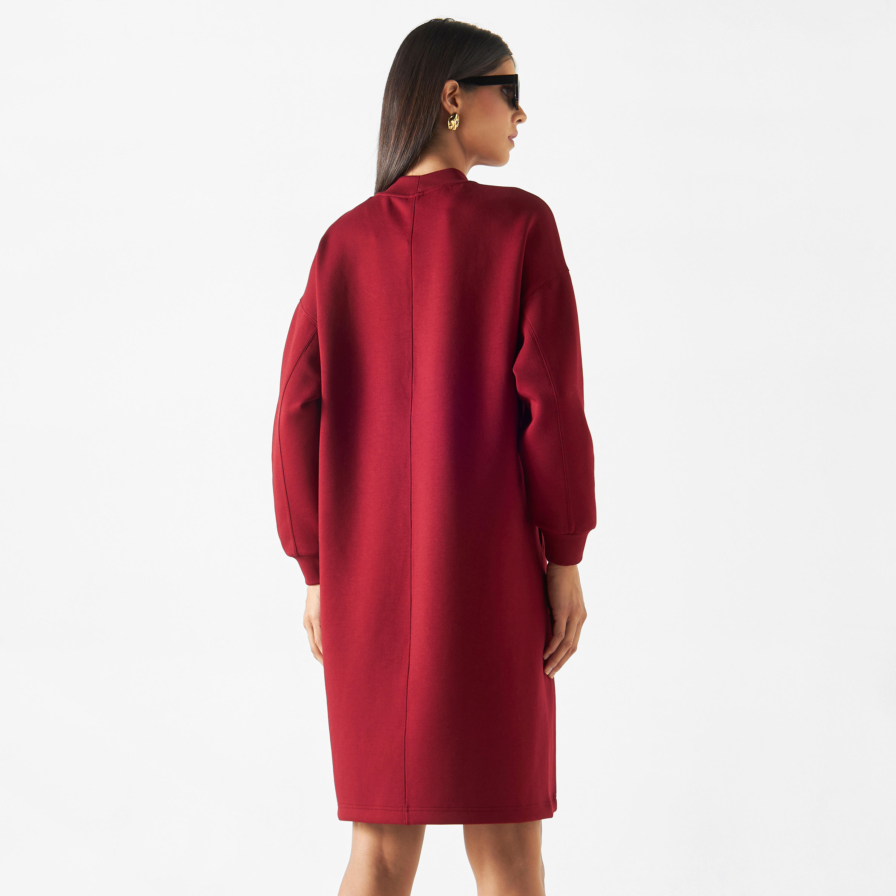 فستان سادة بياقة عالية وأكمام منسدلة وجيب-women-clothing-dresses-image-3