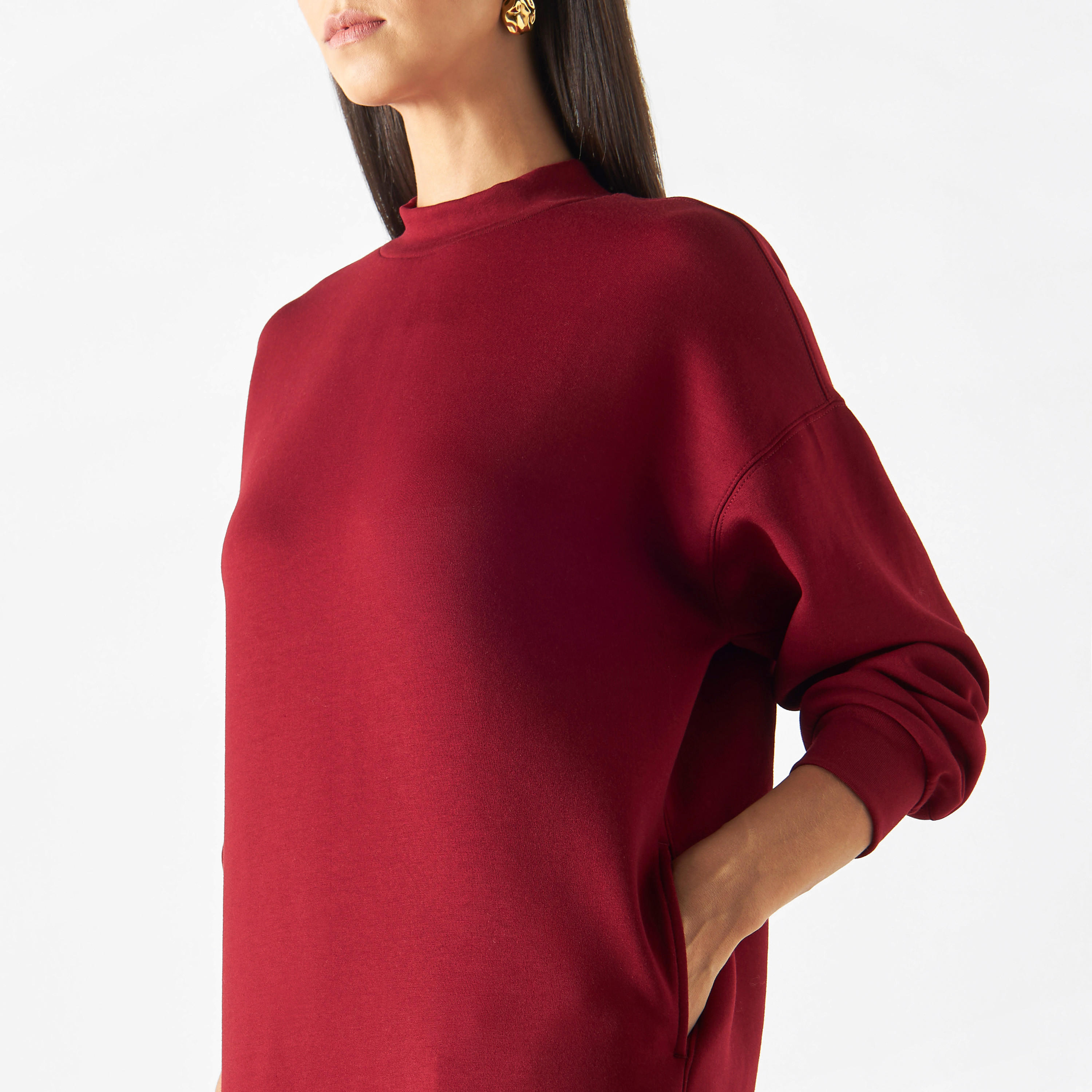 فستان سادة بياقة عالية وأكمام منسدلة وجيب-women-clothing-dresses-image-4