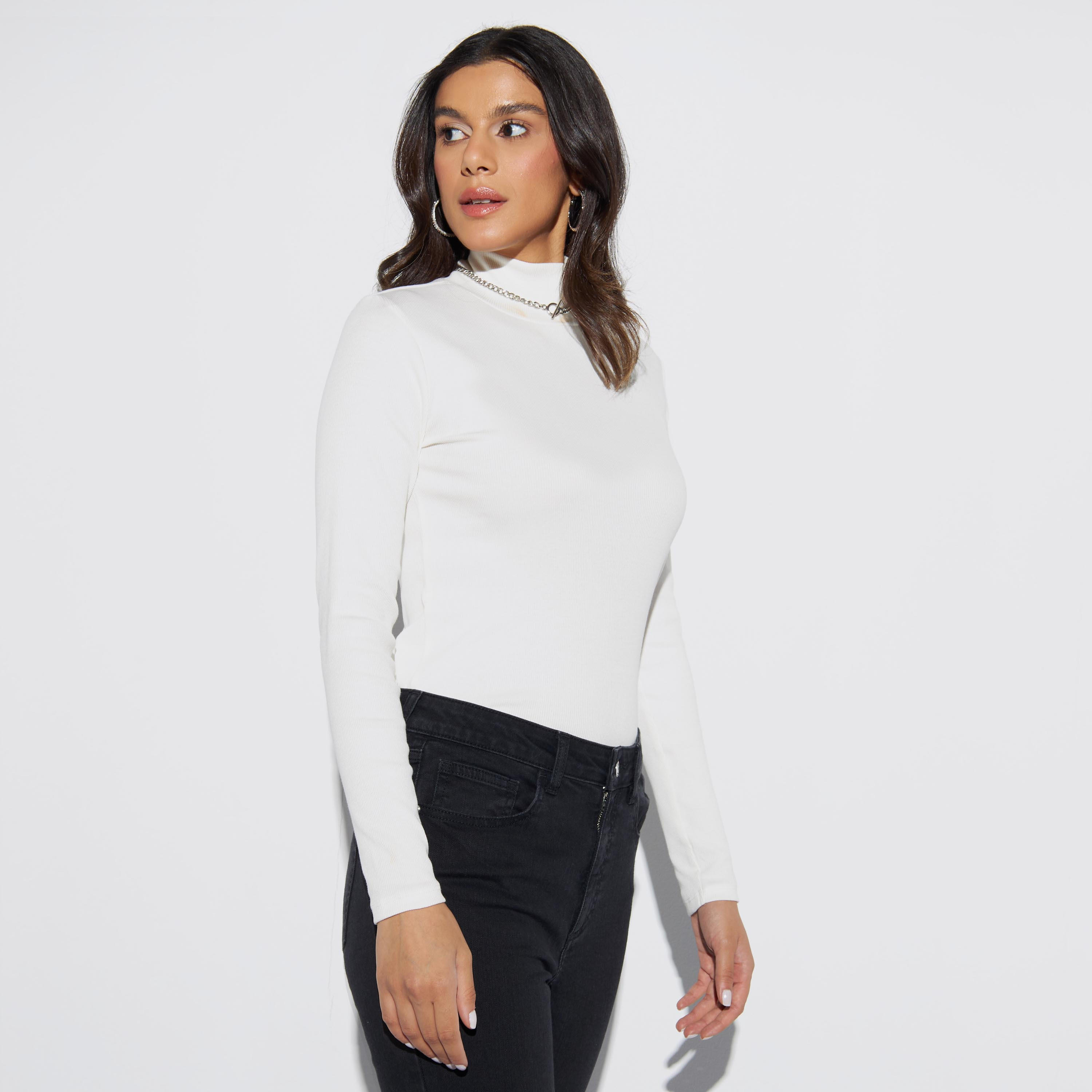 Ribbed T-shirt with High Neck and Long Sleeves-women-clothing-tshirts-image-1