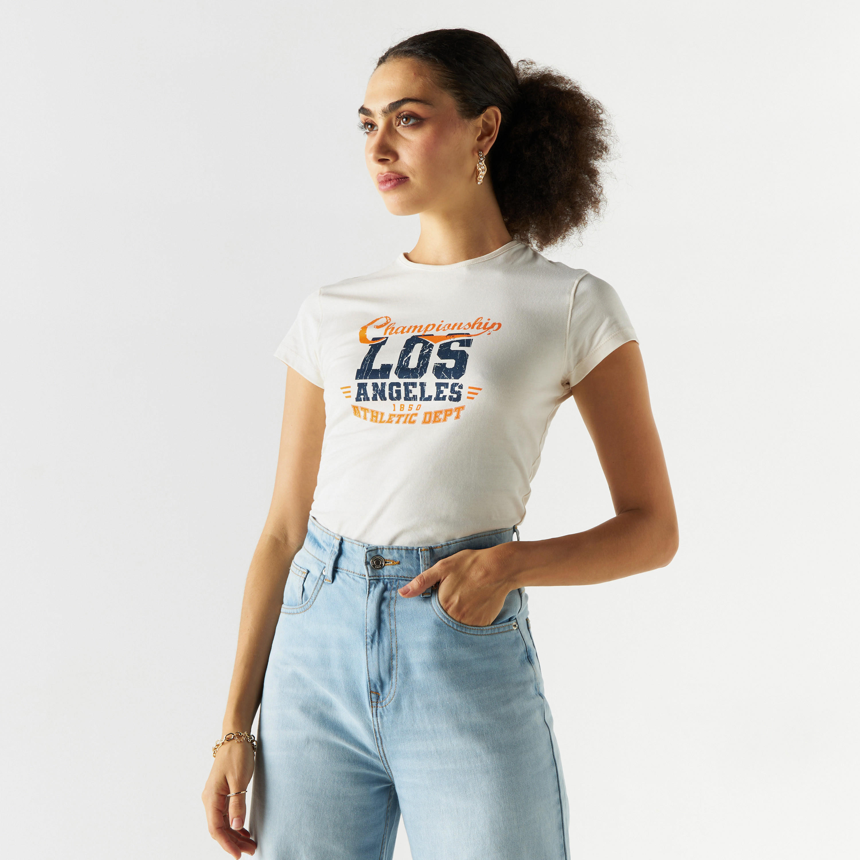 Typography Print Crew Neck T-shirt with Cap Sleeves-women-clothing-tshirts-image-1