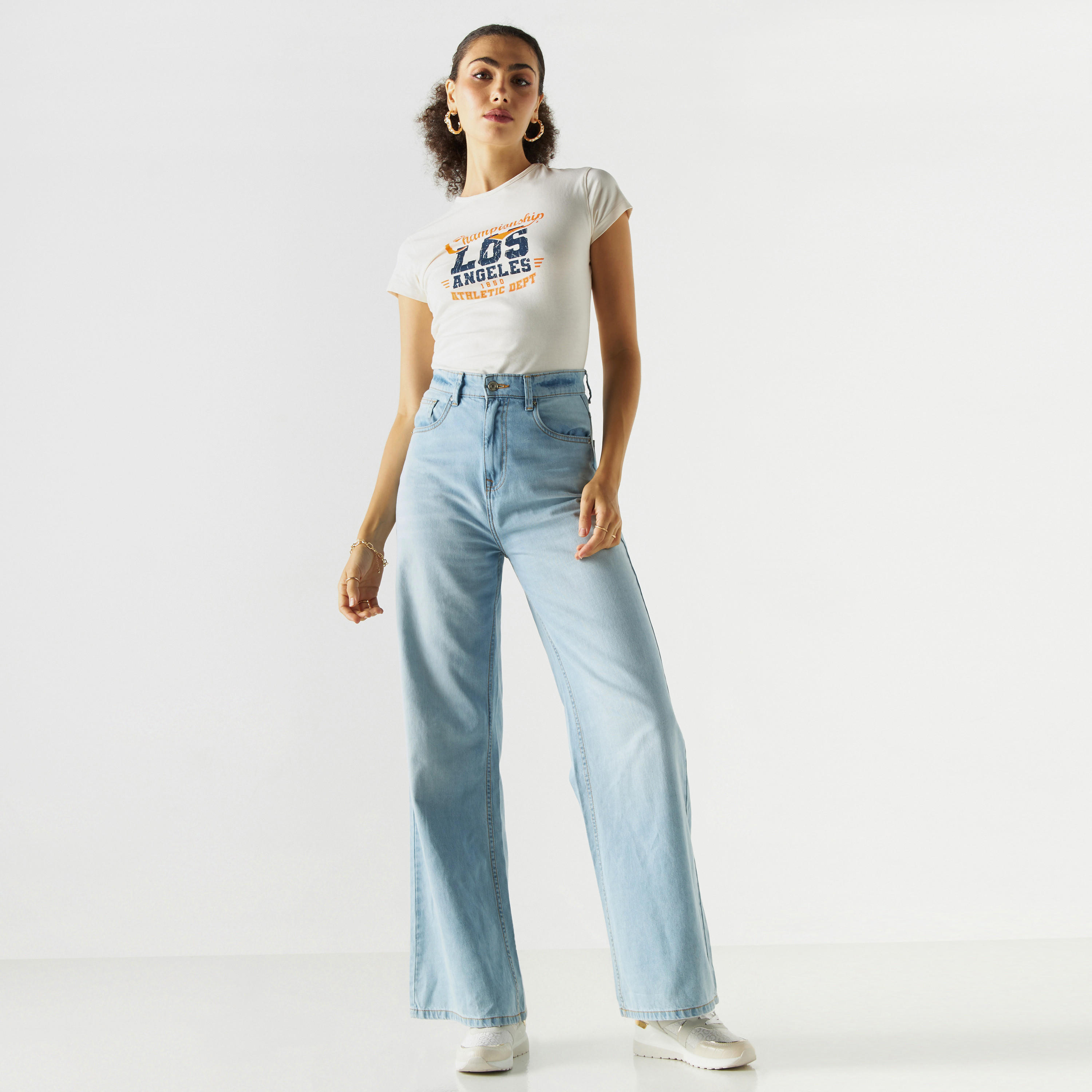Typography Print Crew Neck T-shirt with Cap Sleeves-women-clothing-tshirts-image-2