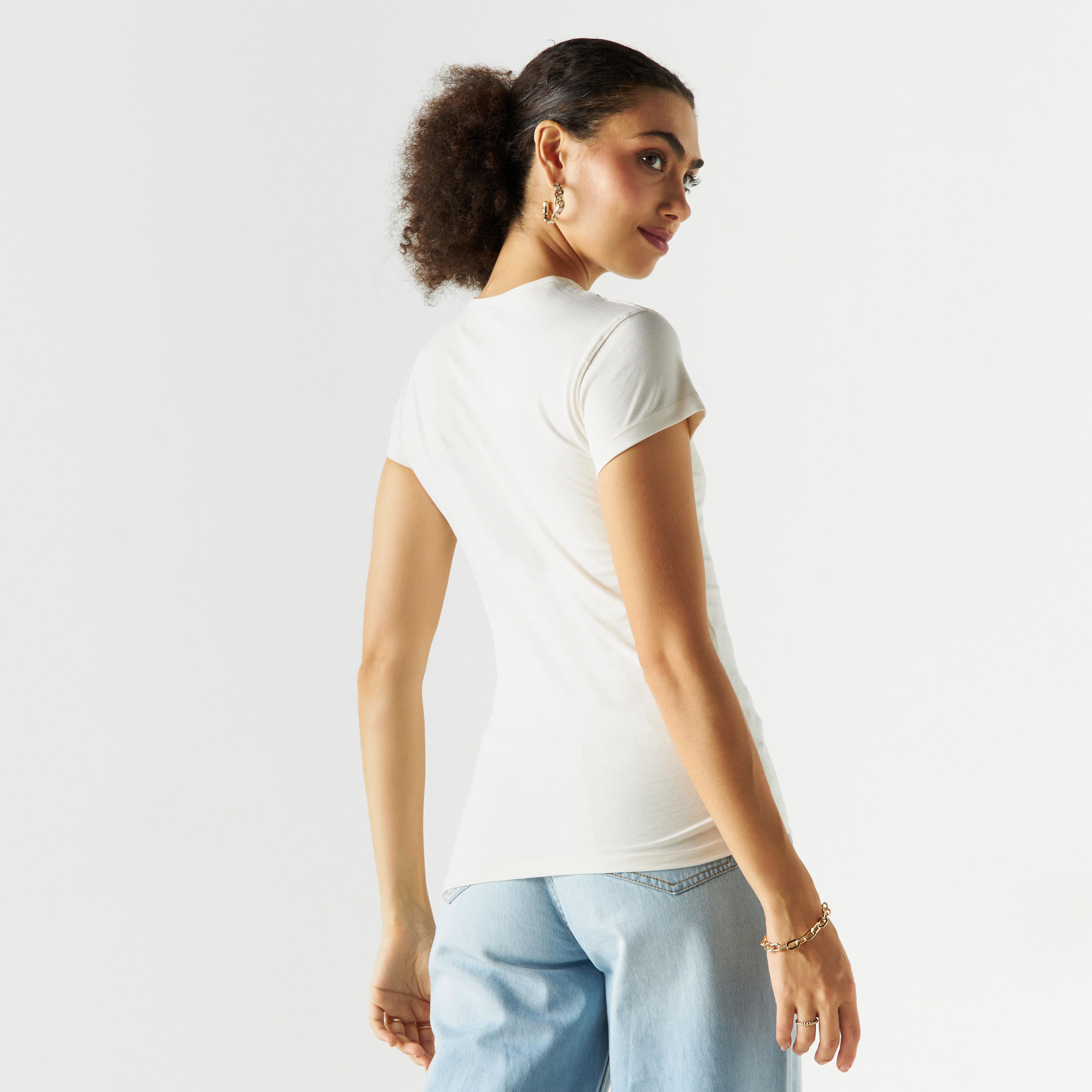 Typography Print Crew Neck T-shirt with Cap Sleeves-women-clothing-tshirts-image-3