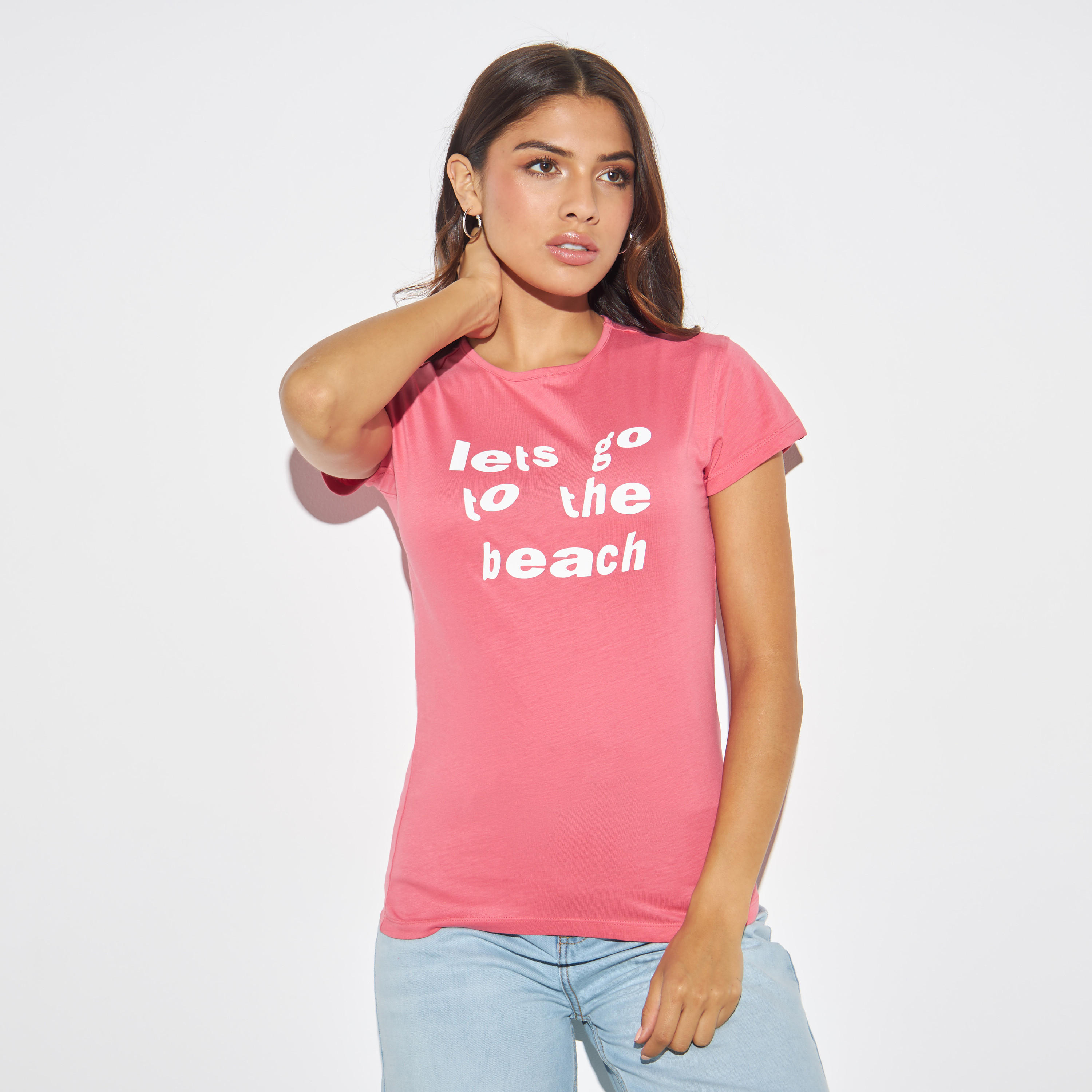 Slogan Print Crew Neck T-shirt with Cap Sleeves-women-clothing-tshirts-image-1