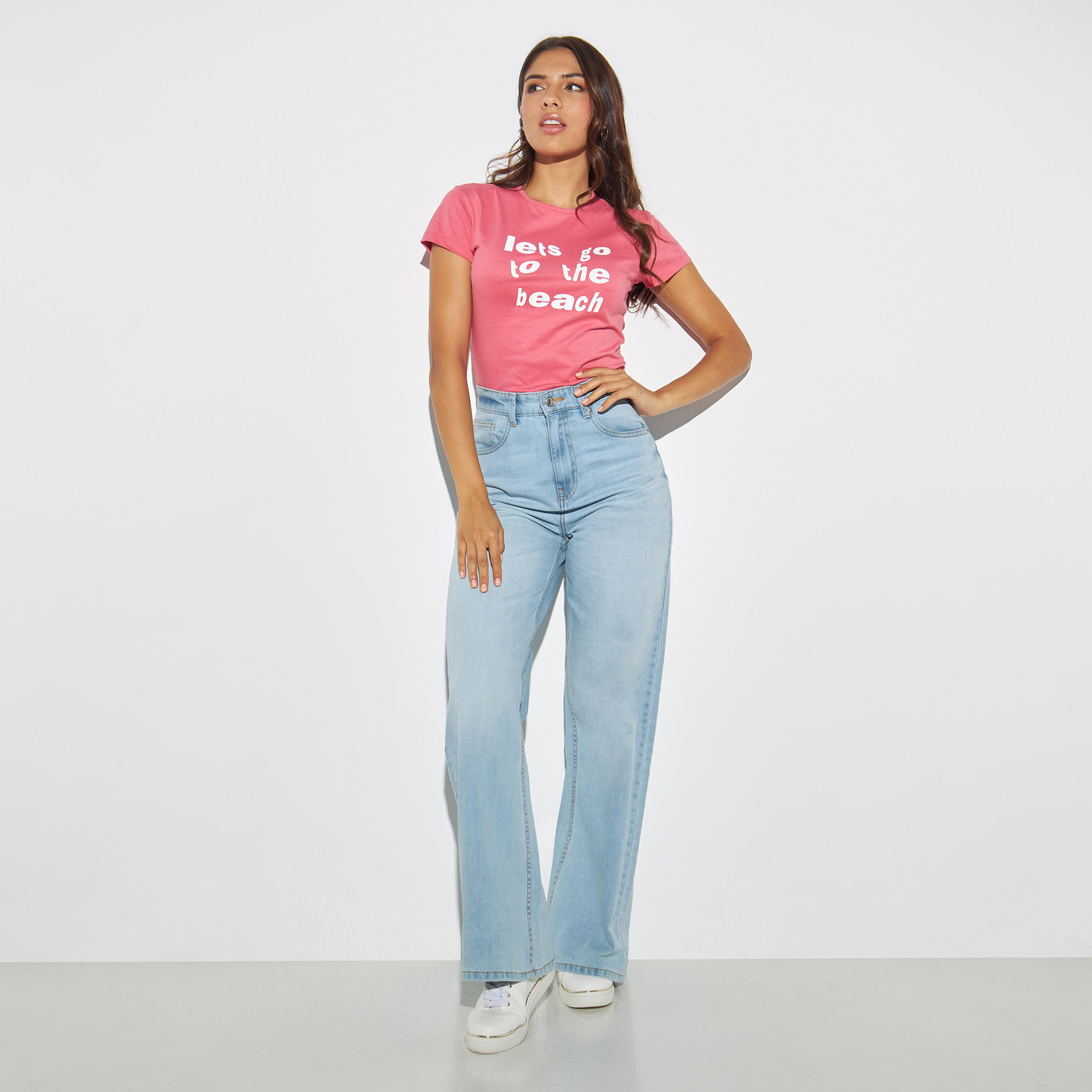 Slogan Print Crew Neck T-shirt with Cap Sleeves-women-clothing-tshirts-image-2