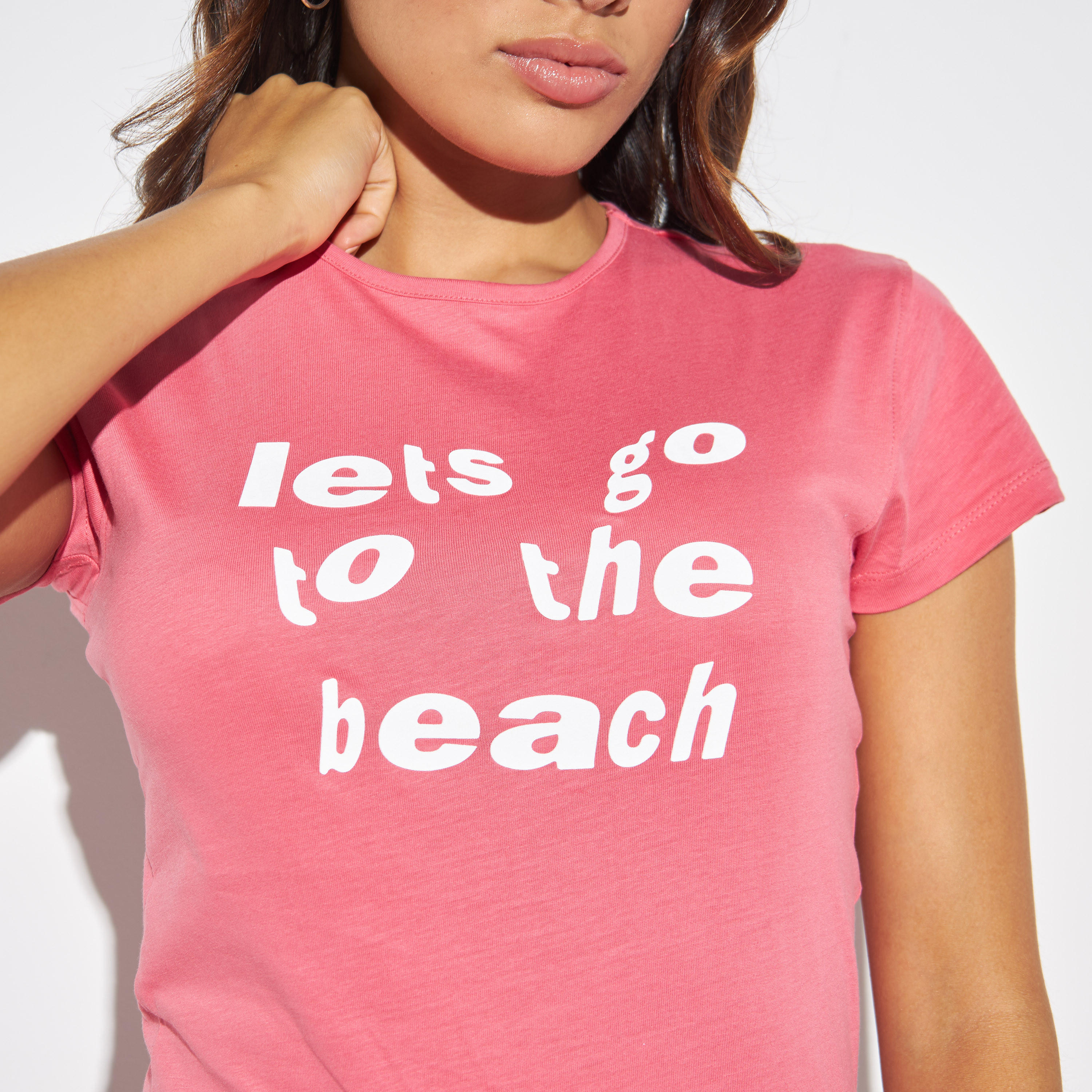 Slogan Print Crew Neck T-shirt with Cap Sleeves-women-clothing-tshirts-image-4