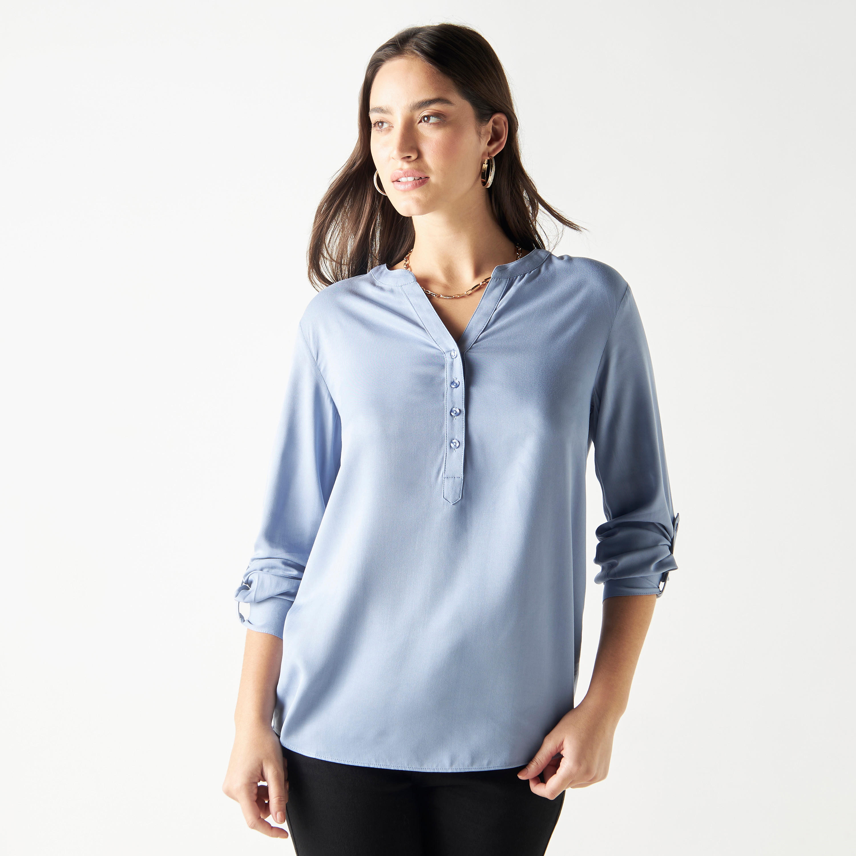 High-Low Top with Roll-Up Sleeves and Mandarin Collar-women-clothing-shirtsandblouses-blouses-image-1