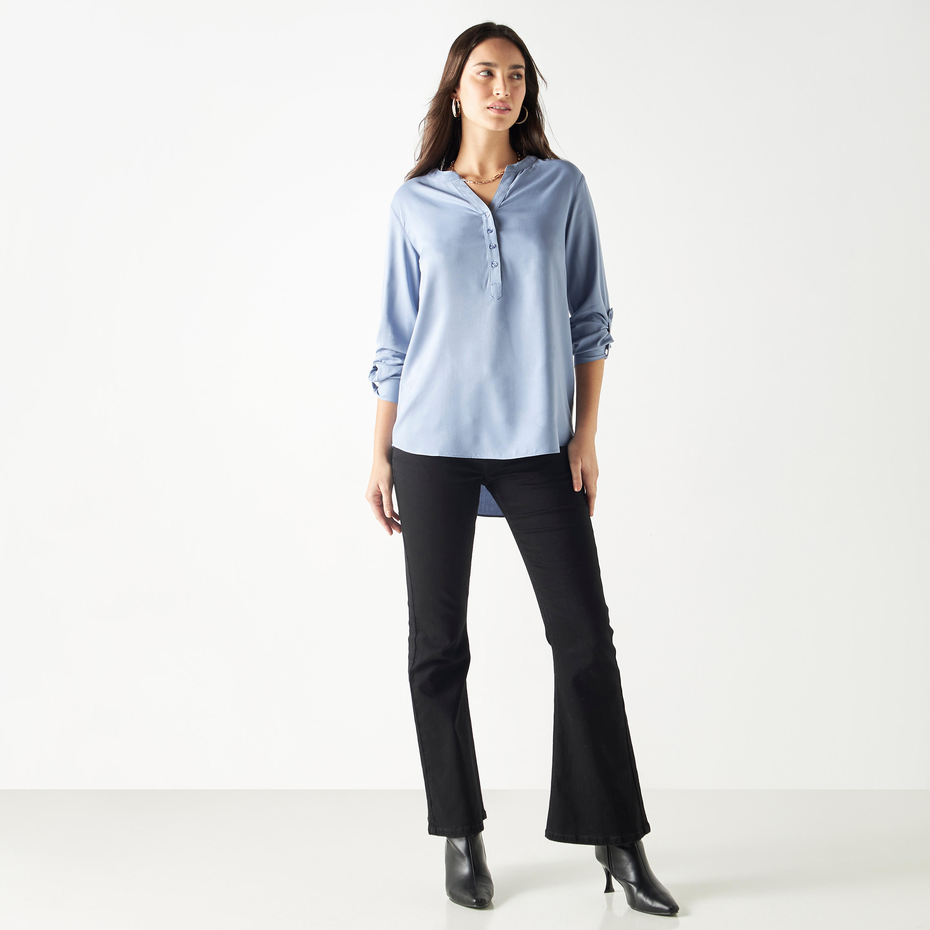High-Low Top with Roll-Up Sleeves and Mandarin Collar-women-clothing-shirtsandblouses-blouses-image-2