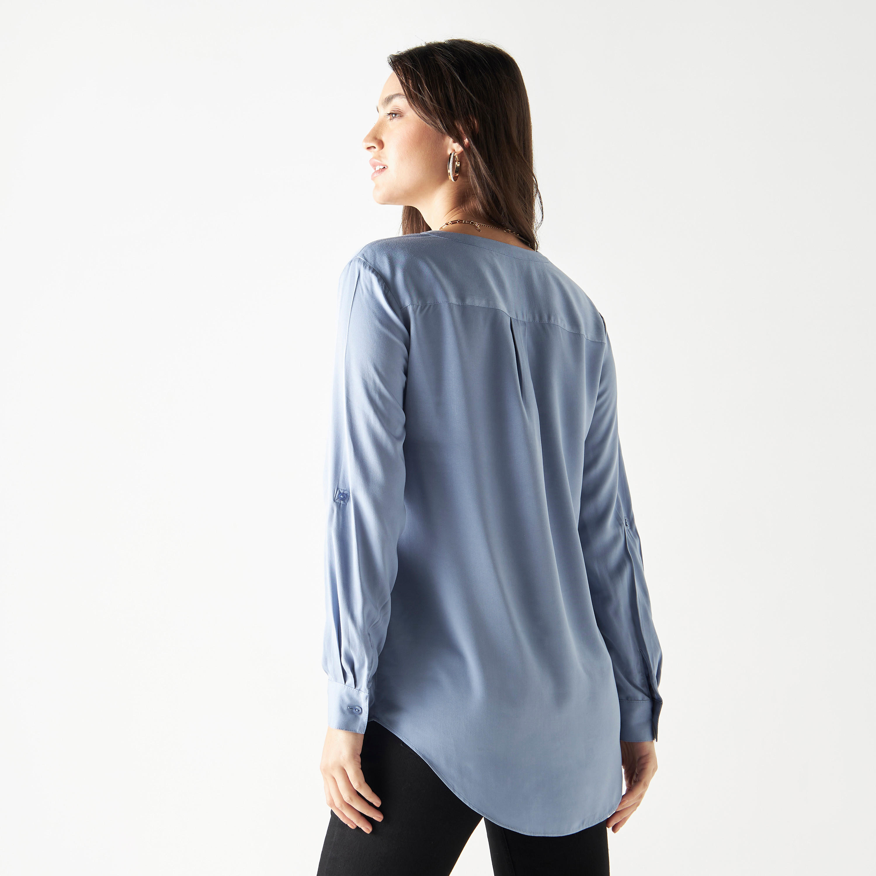 High-Low Top with Roll-Up Sleeves and Mandarin Collar-women-clothing-shirtsandblouses-blouses-image-3