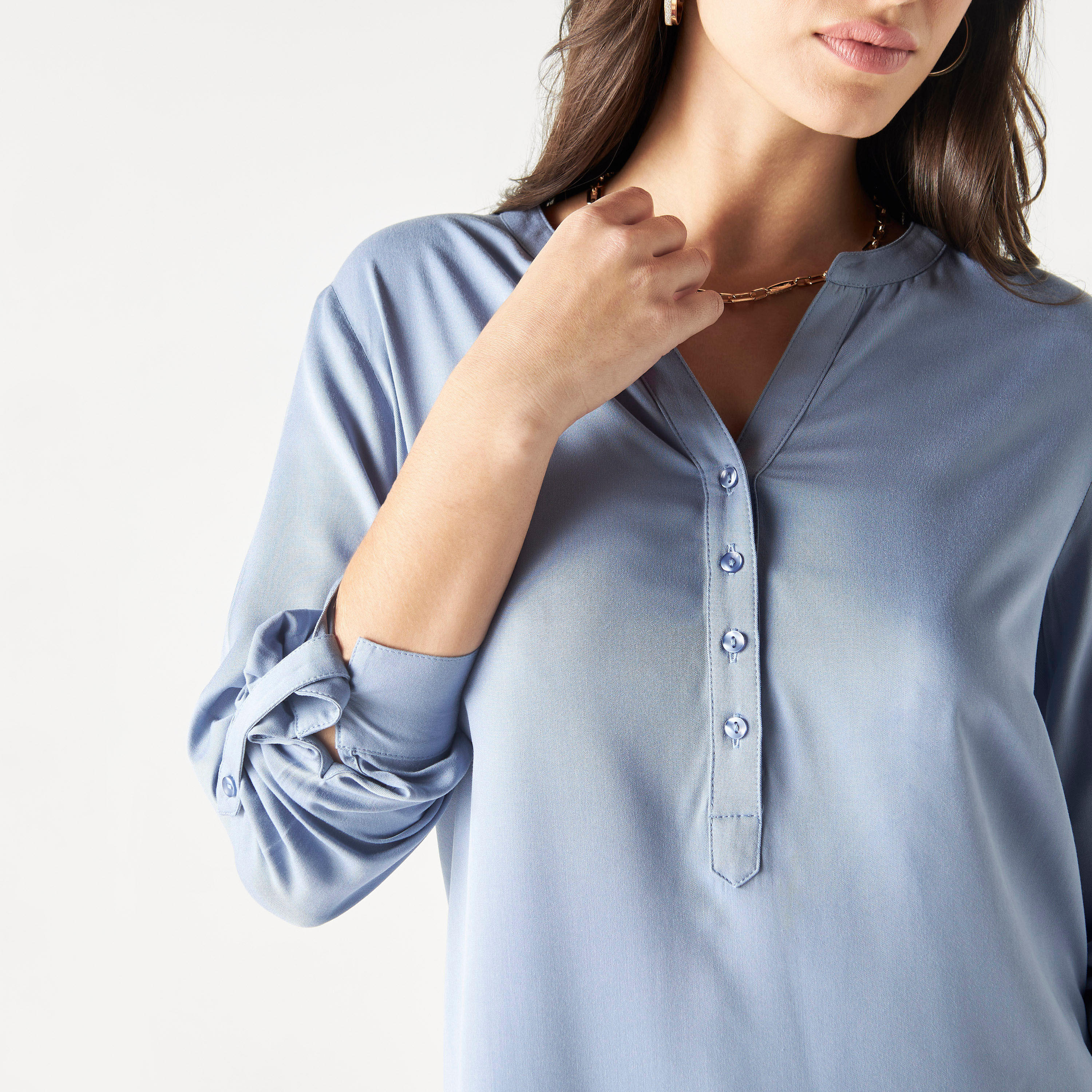 High-Low Top with Roll-Up Sleeves and Mandarin Collar-women-clothing-shirtsandblouses-blouses-image-4