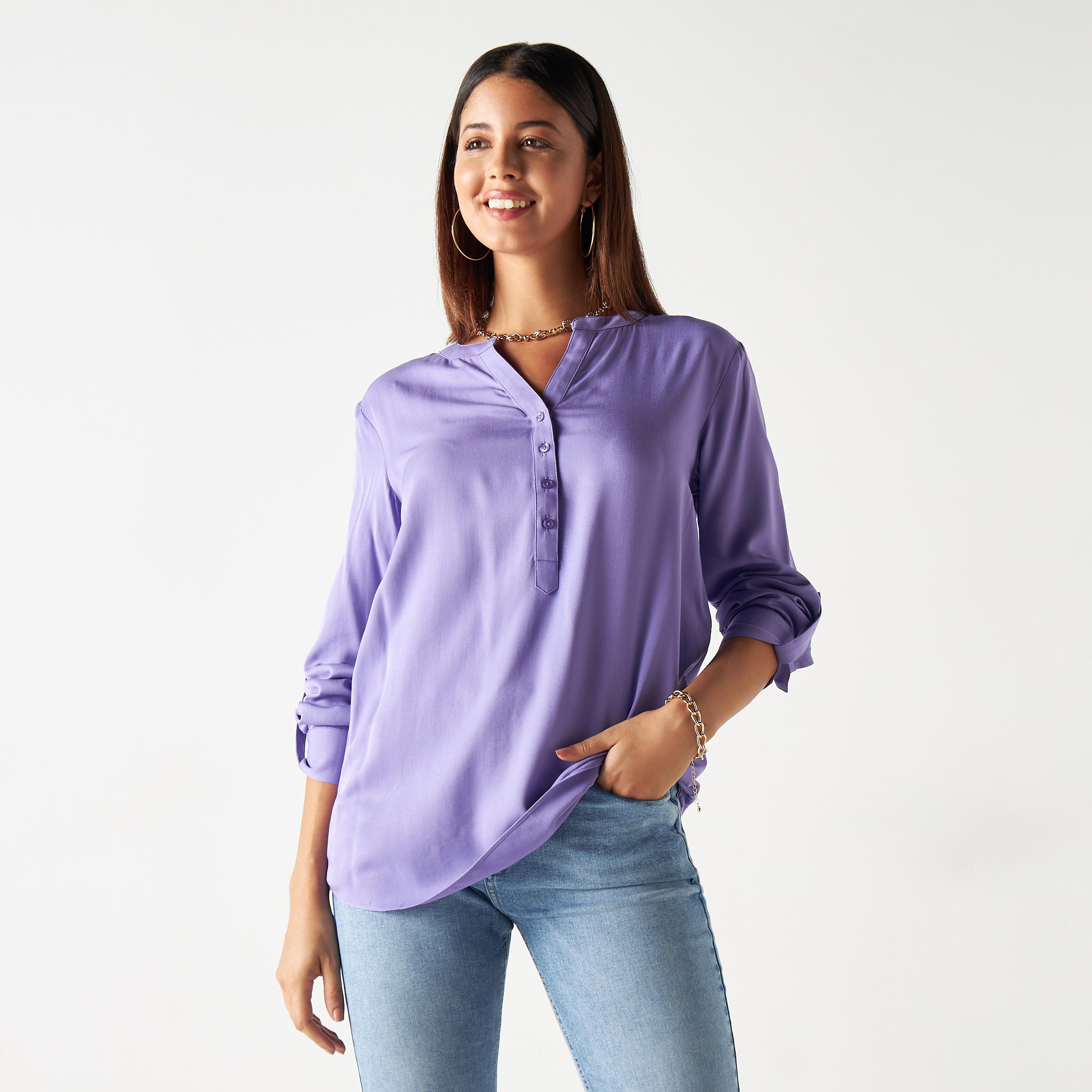 بلوزة بياقة ماندارين وأكمام ملفوفة-women-clothing-shirtsandblouses-blouses-image-1