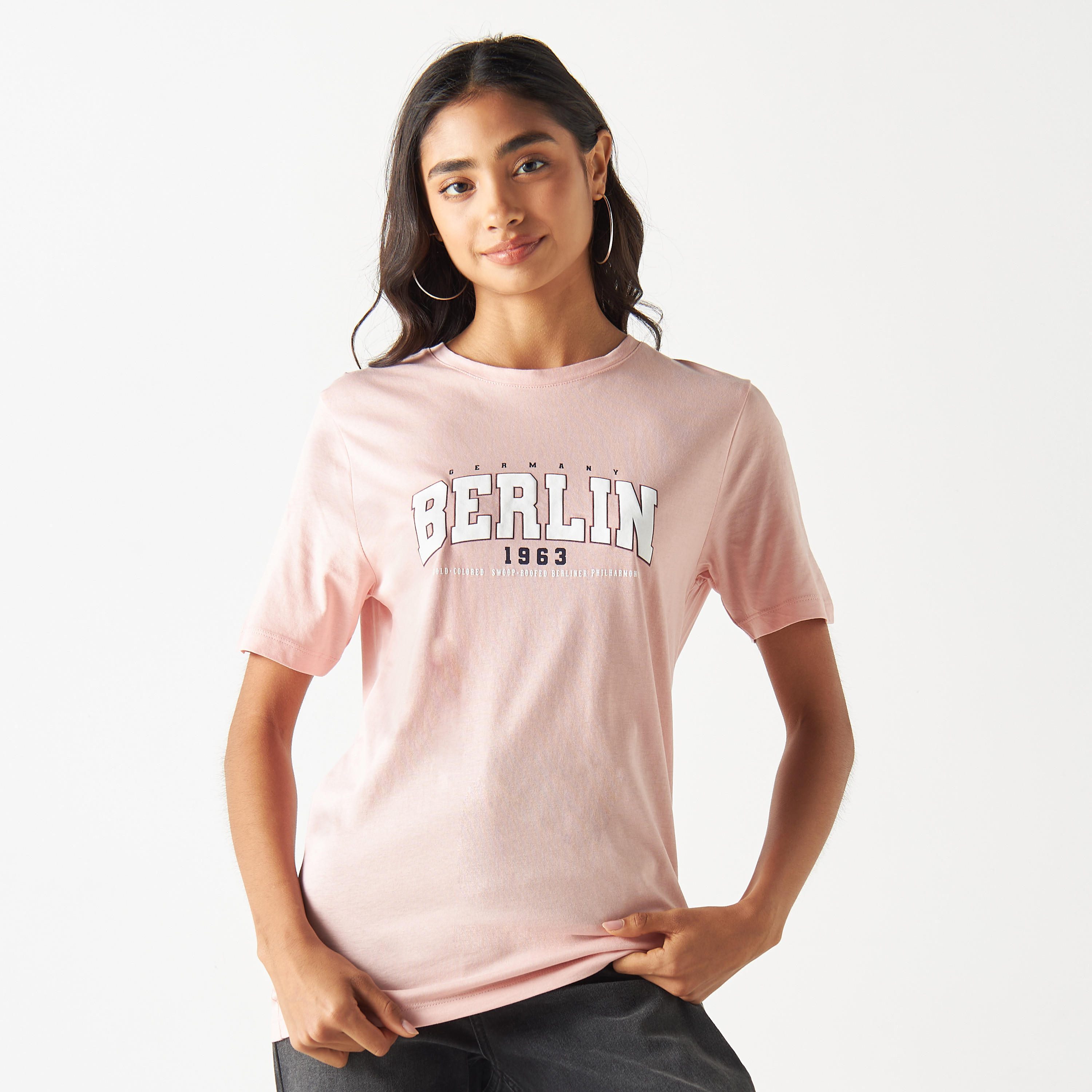 Printed Crew Neck T-shirt with Short Sleeves-women-clothing-tshirts-image-1