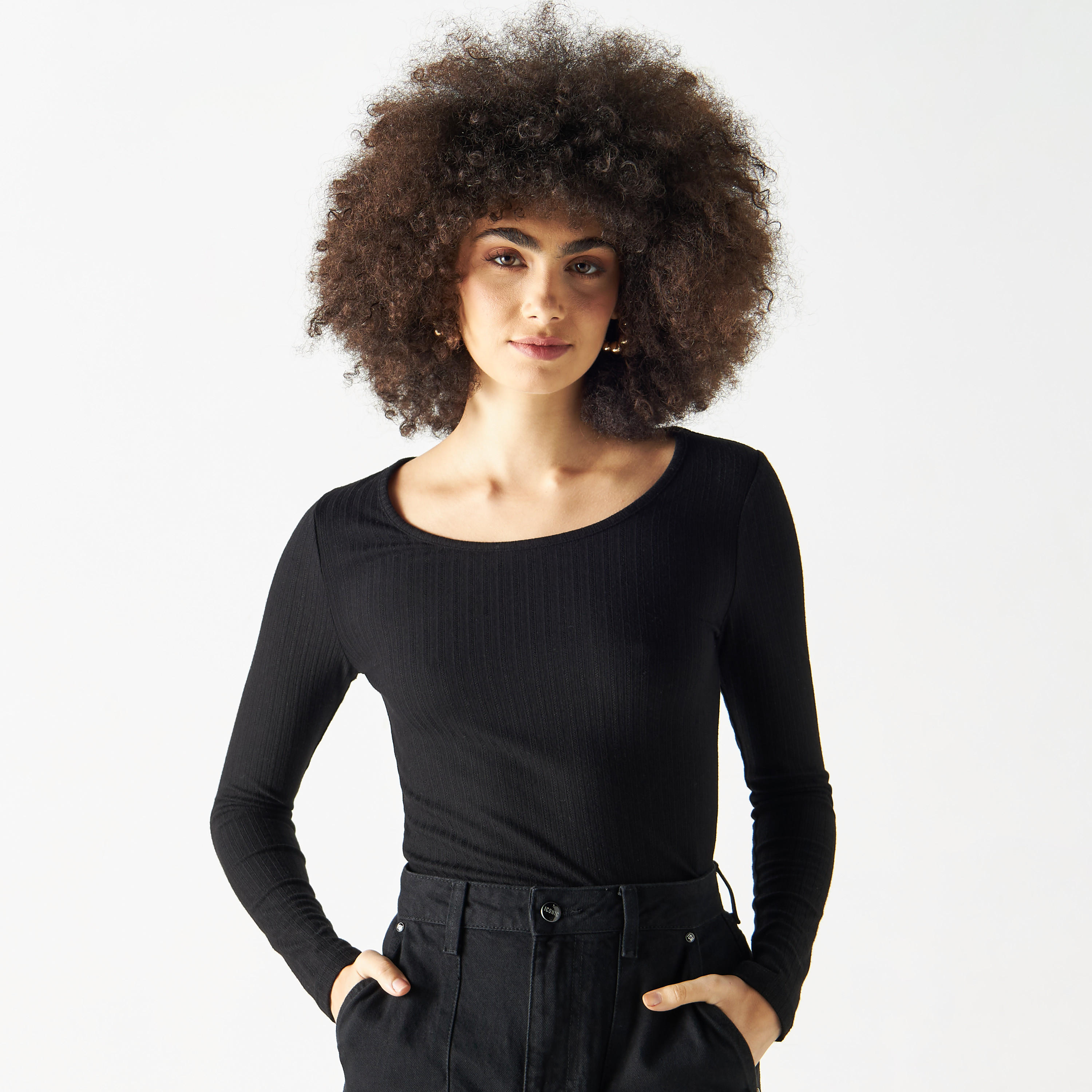 Ribbed Pointelle Round Neck T-shirt with Long Sleeves-women-clothing-tshirts-image-5