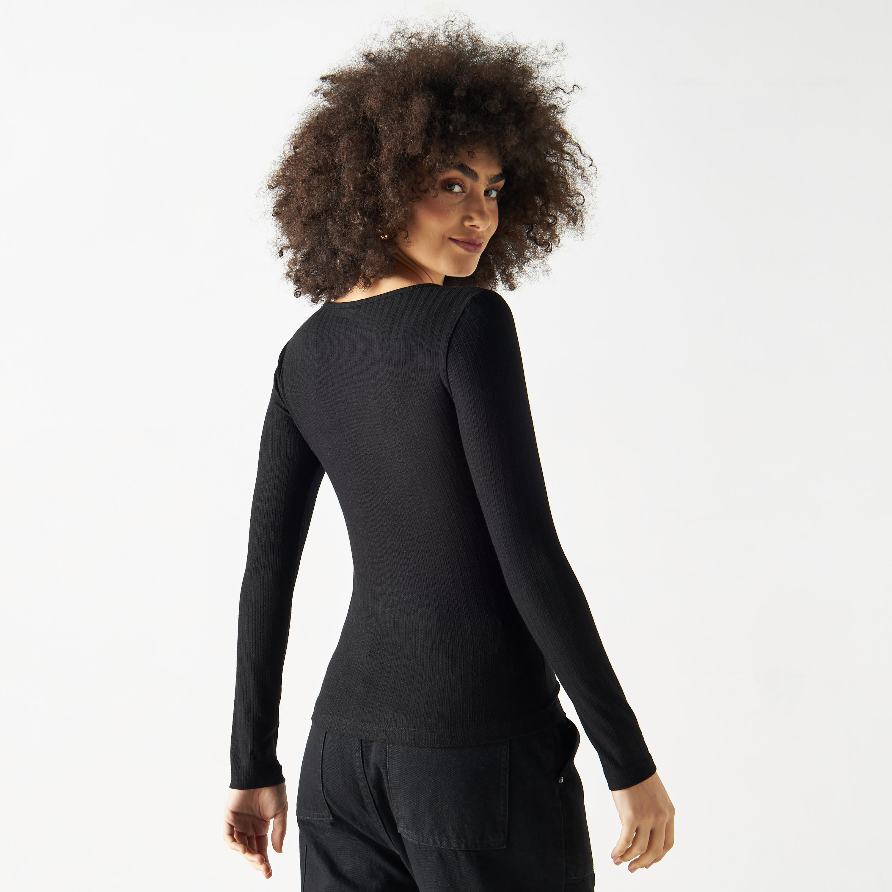 Ribbed Pointelle Round Neck T-shirt with Long Sleeves-women-clothing-tshirts-image-7