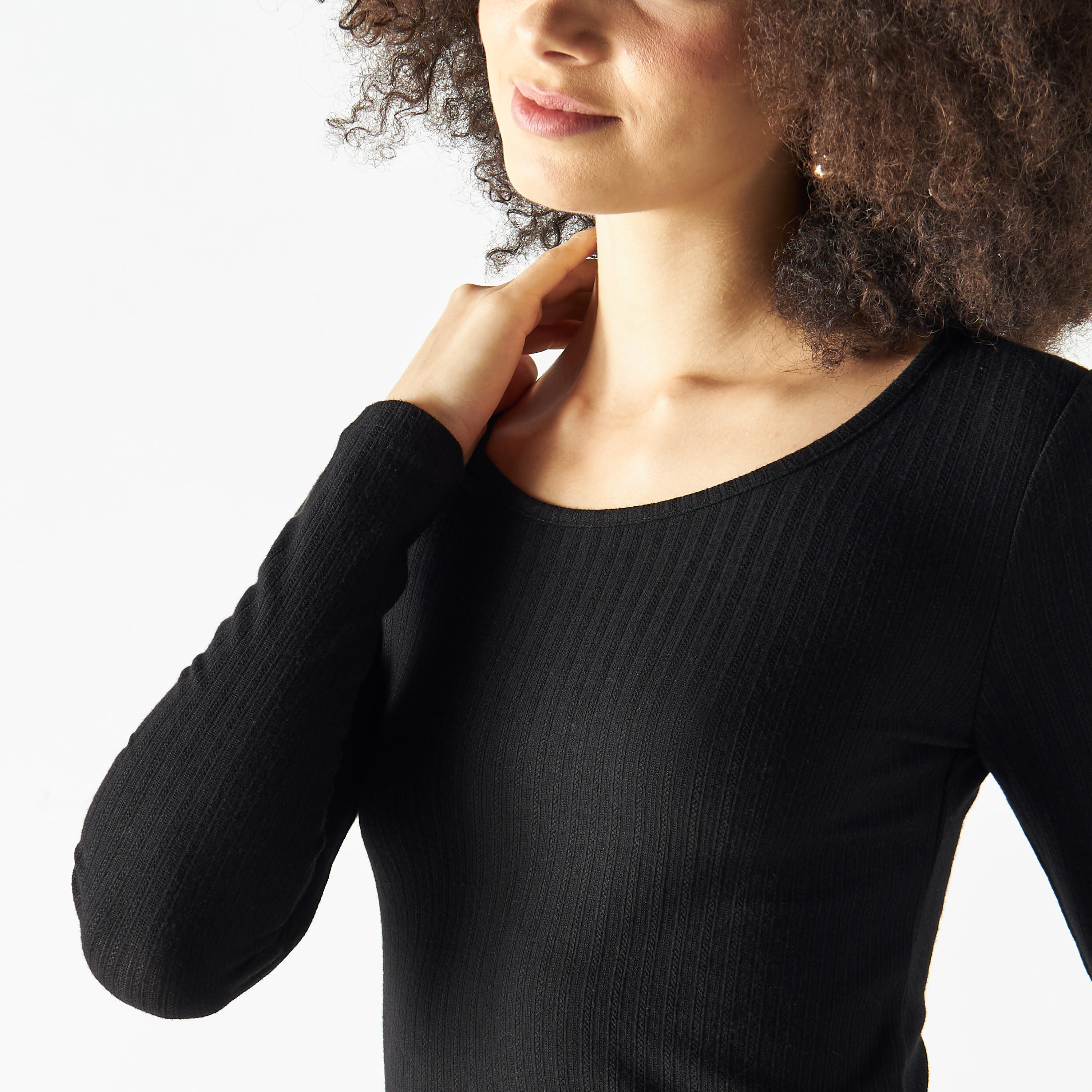 Ribbed Pointelle Round Neck T-shirt with Long Sleeves-women-clothing-tshirts-image-8