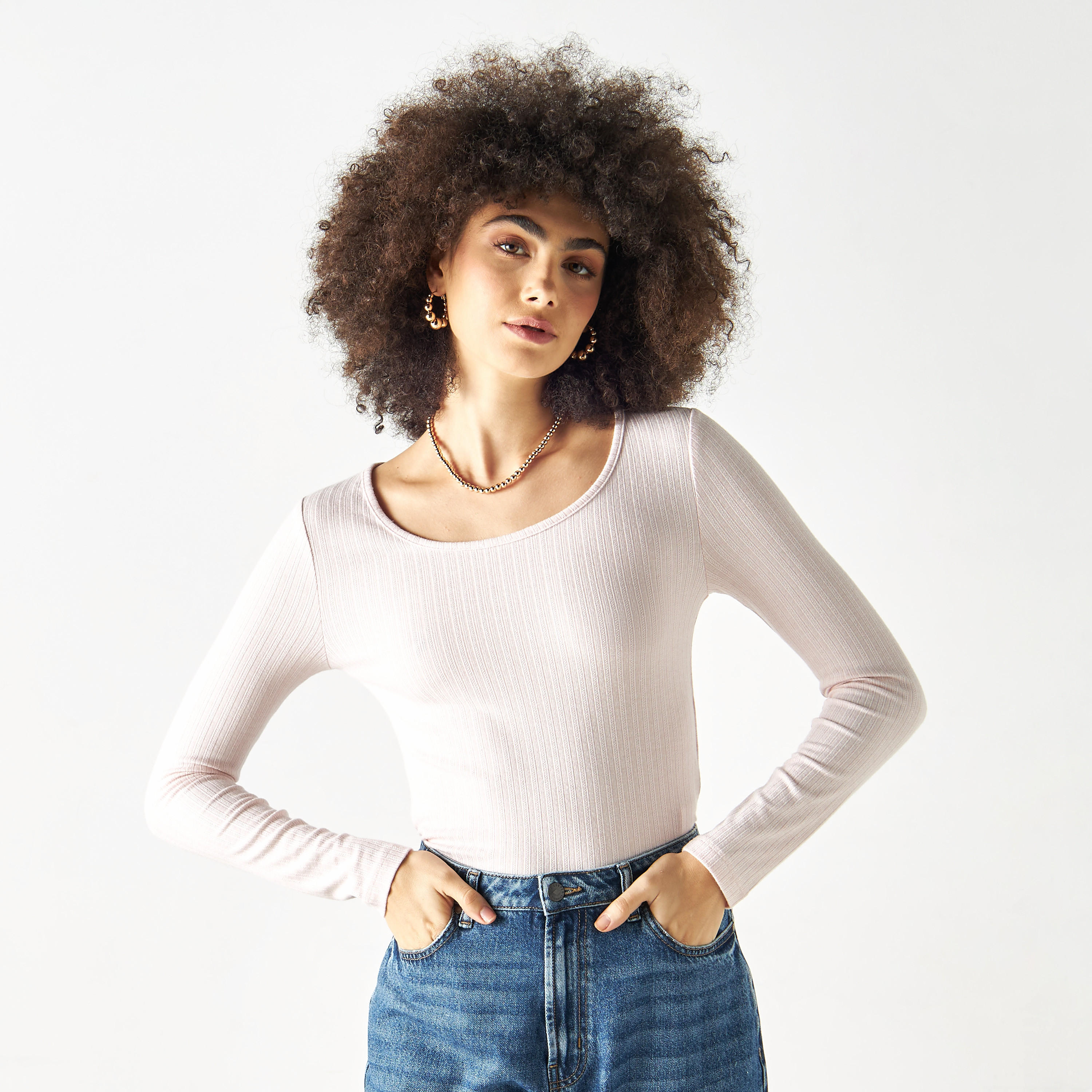 Ribbed Pointelle Round Neck T-shirt with Long Sleeves-women-clothing-tshirts-image-9