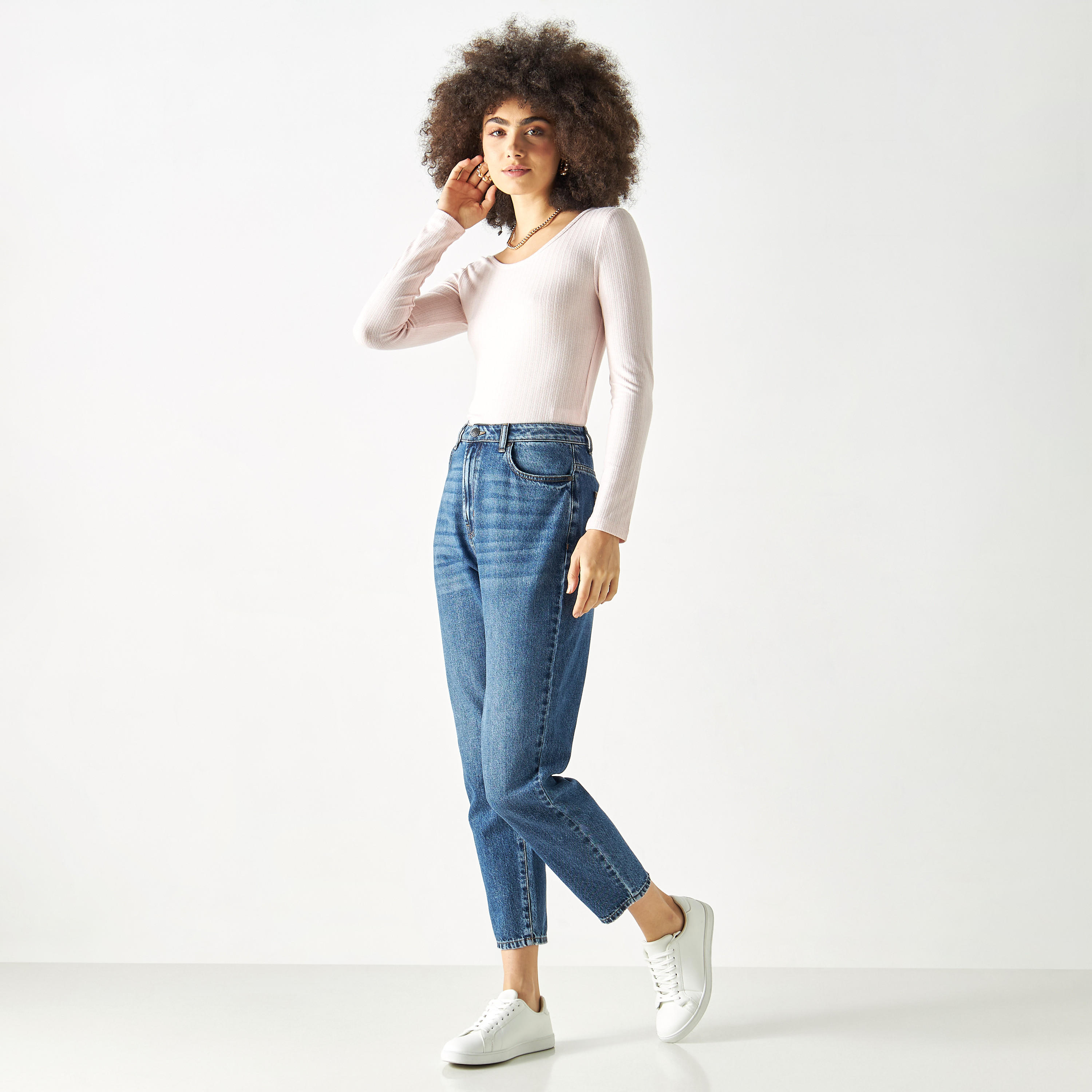 Ribbed Pointelle Round Neck T-shirt with Long Sleeves-women-clothing-tshirts-image-10