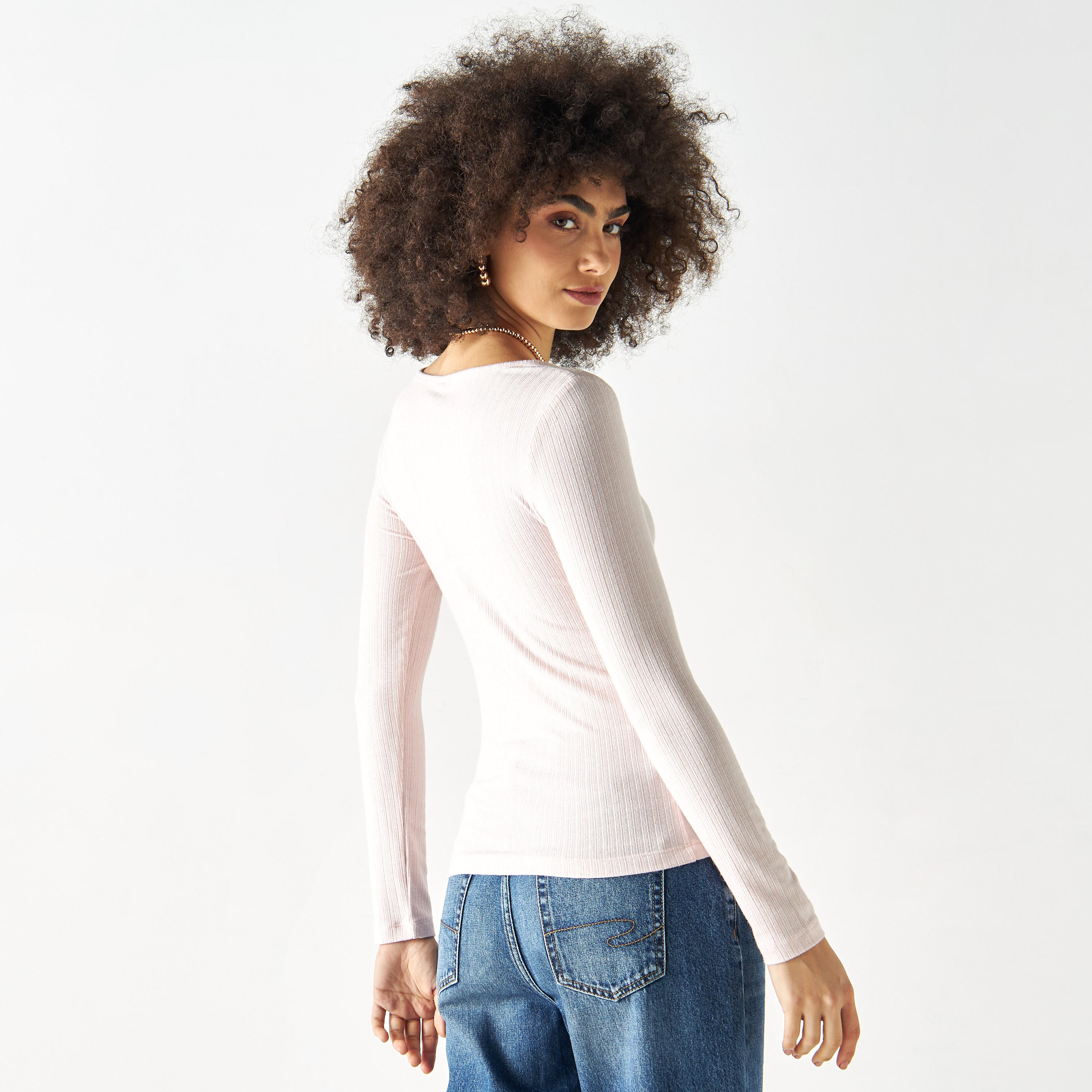 Ribbed Pointelle Round Neck T-shirt with Long Sleeves-women-clothing-tshirts-image-11