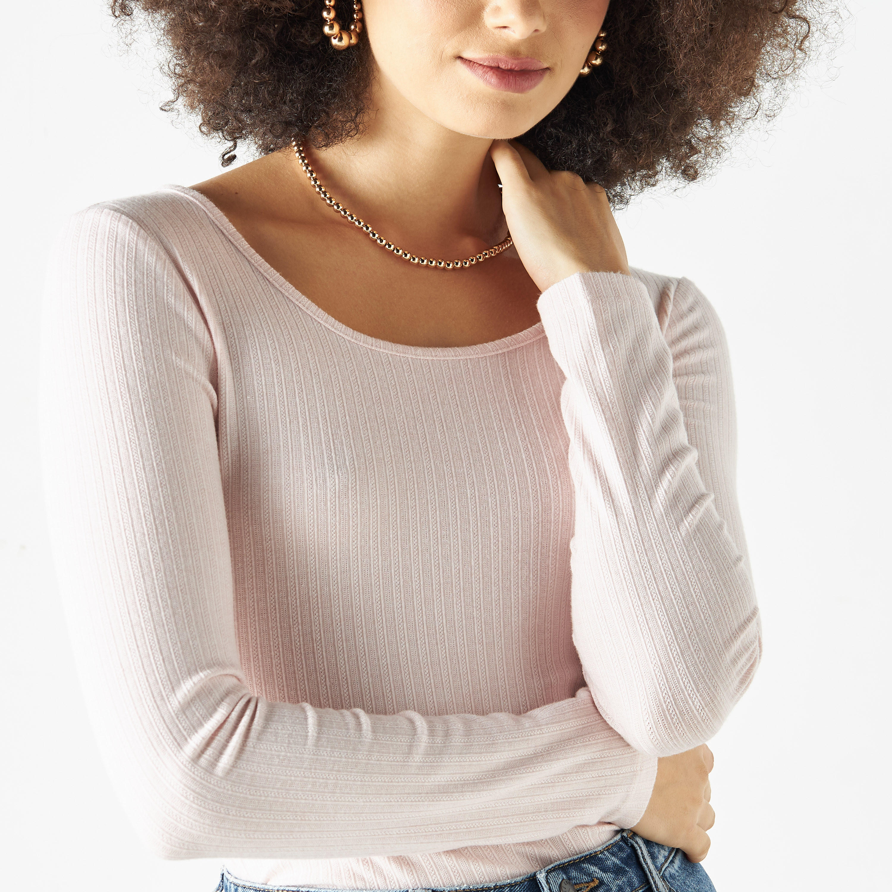 Ribbed Pointelle Round Neck T-shirt with Long Sleeves-women-clothing-tshirts-image-12