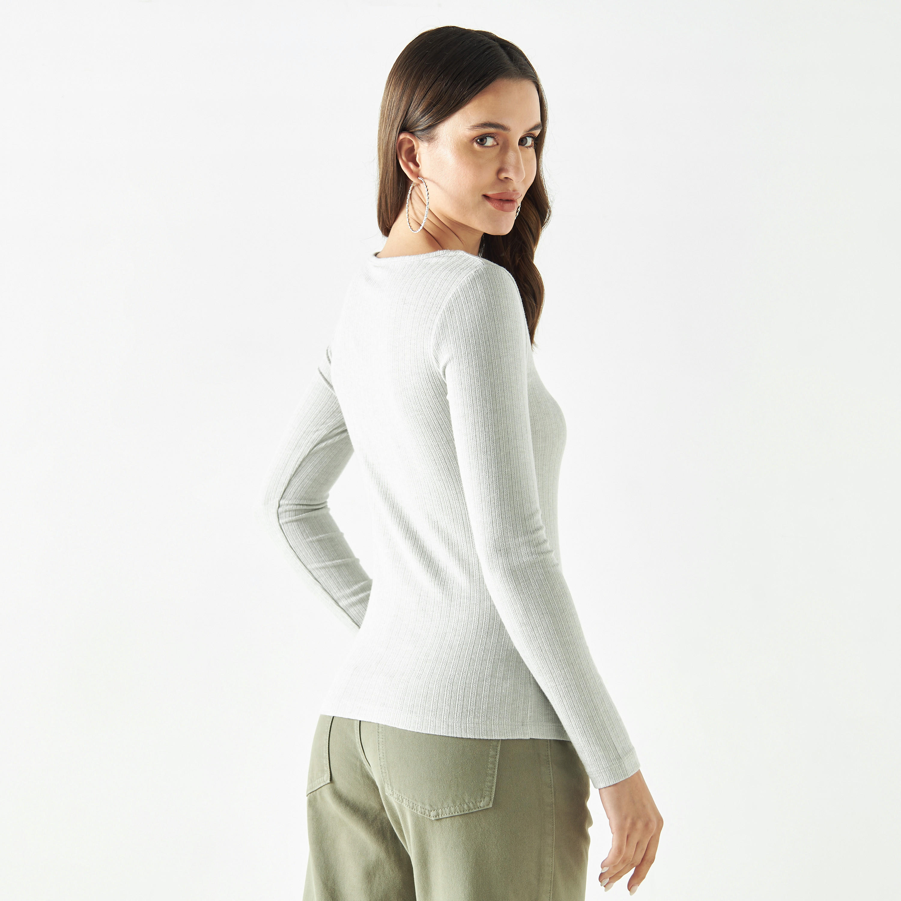 Ribbed Pointelle Round Neck T-shirt with Long Sleeves-women-clothing-tshirts-image-3