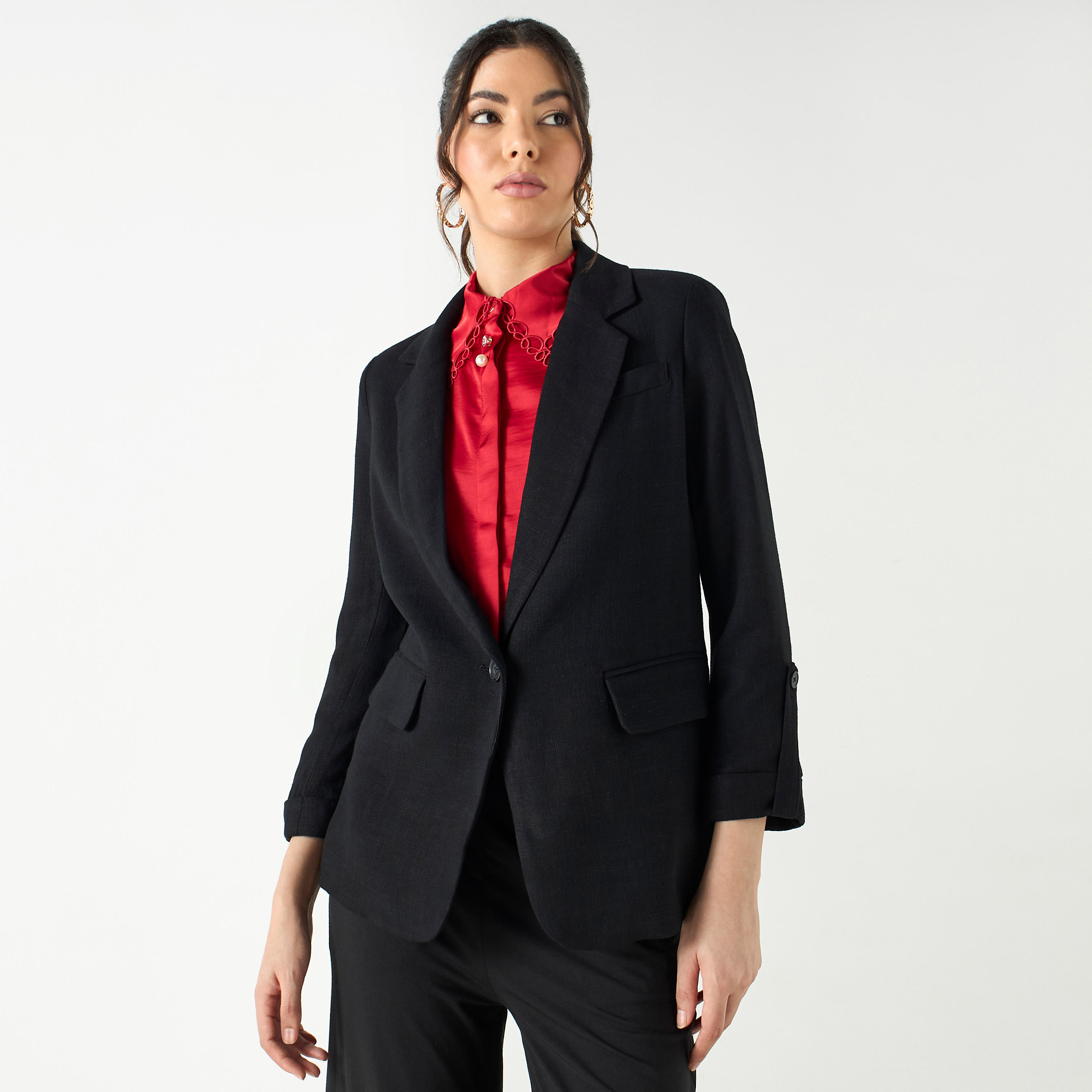 Textured Notch Lapel Blazer with Pockets-women-clothing-coatsandjackets-blazers-image-1