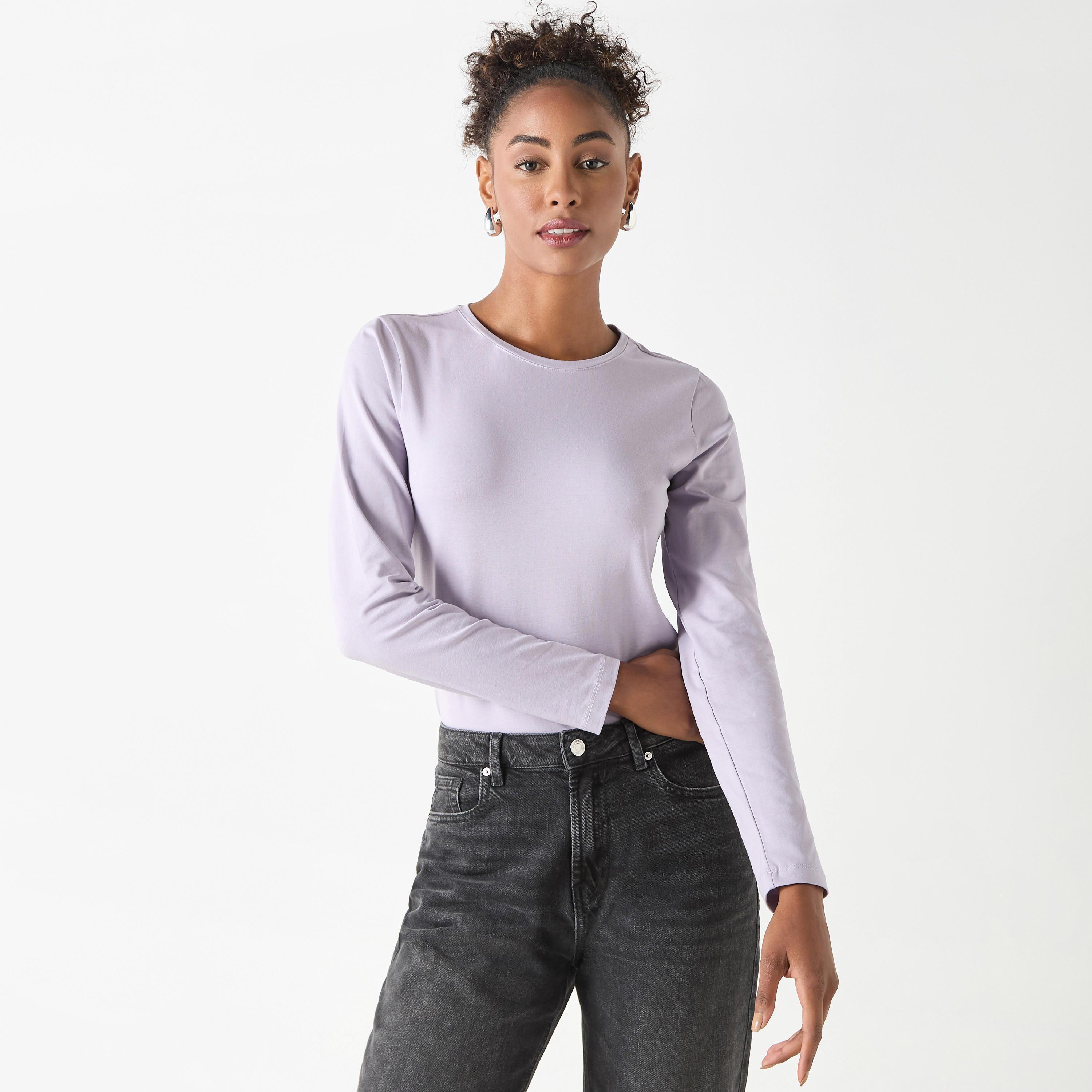 Crew Neck T-shirt with Long Sleeves-women-clothing-tshirts-image-1
